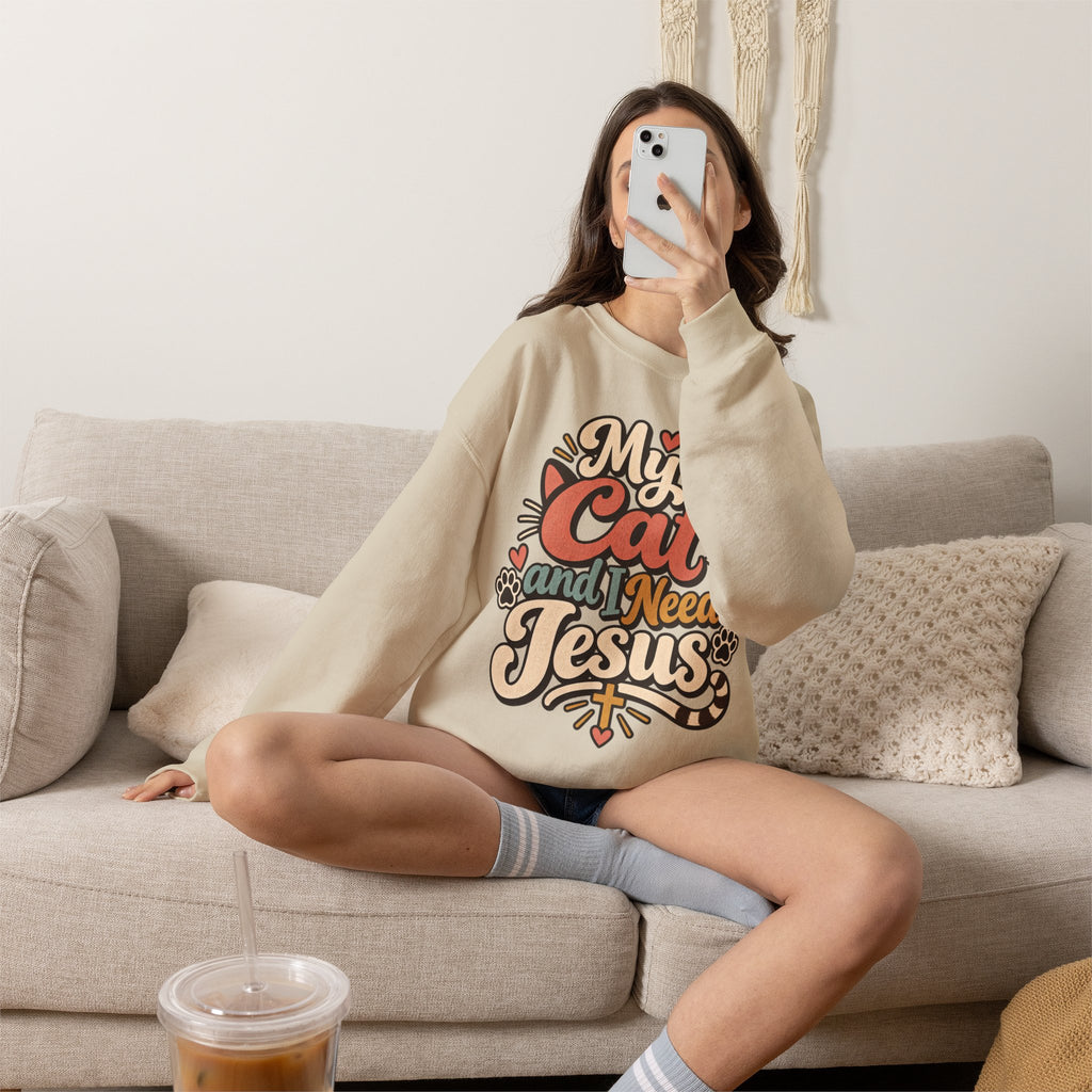 My Cat and I Need Jesus Sweatshirt | Cat Paw Faith Graphic