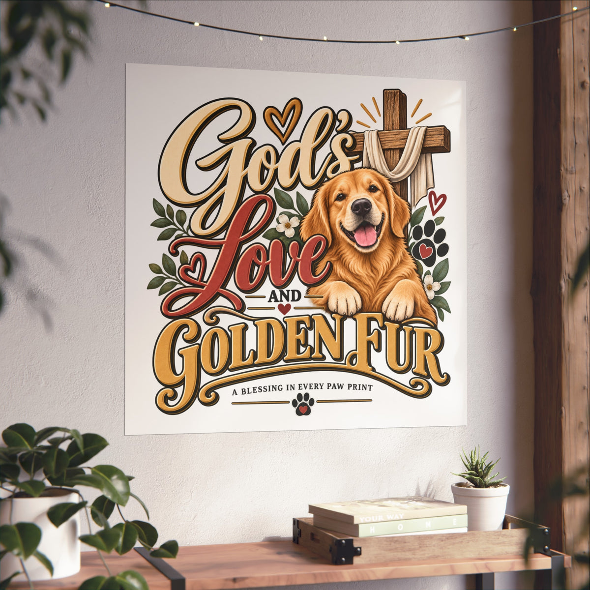 God's Love and Golden Fur Poster | Golden Retriever Faith Wall Art