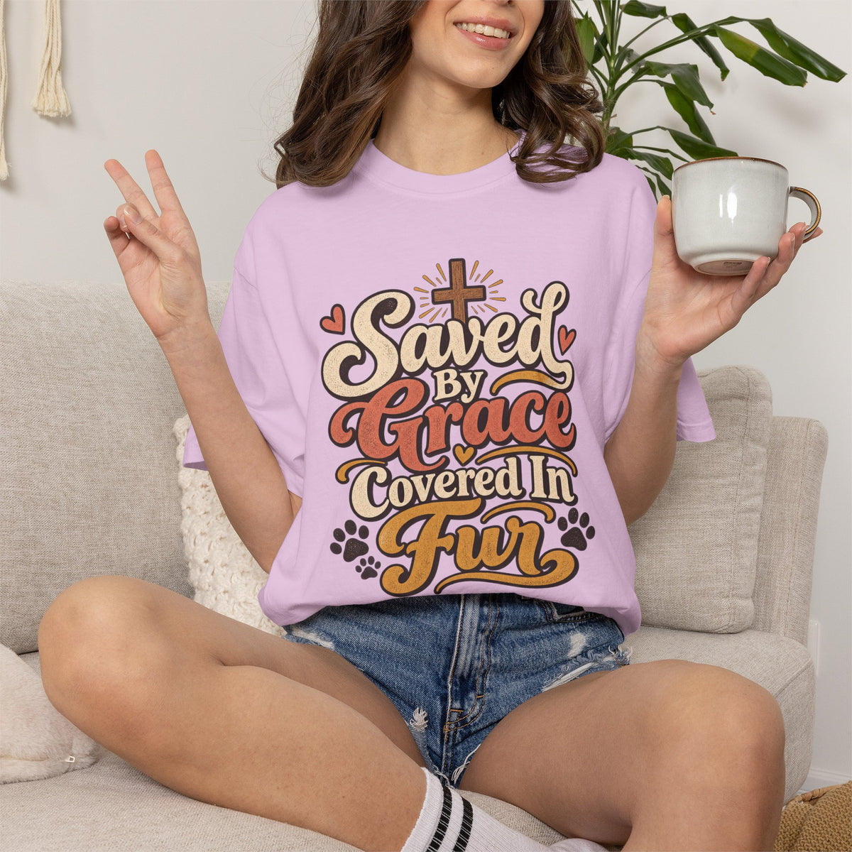 Saved By Grace Covered In Fur T-shirt | Christian Pet Lover Tee