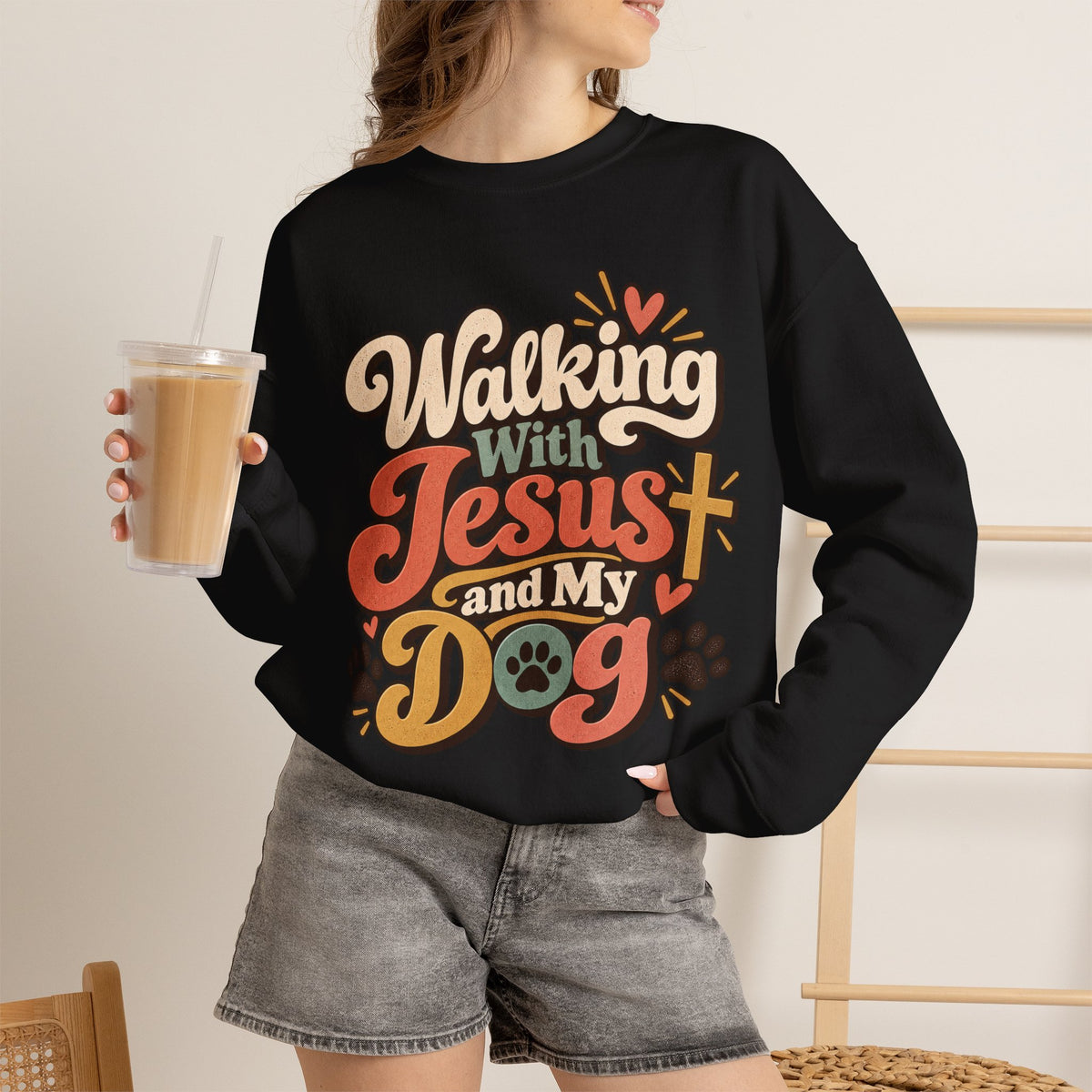 Walking With Jesus and My Dog Sweatshirt | Christian Paw Print Design