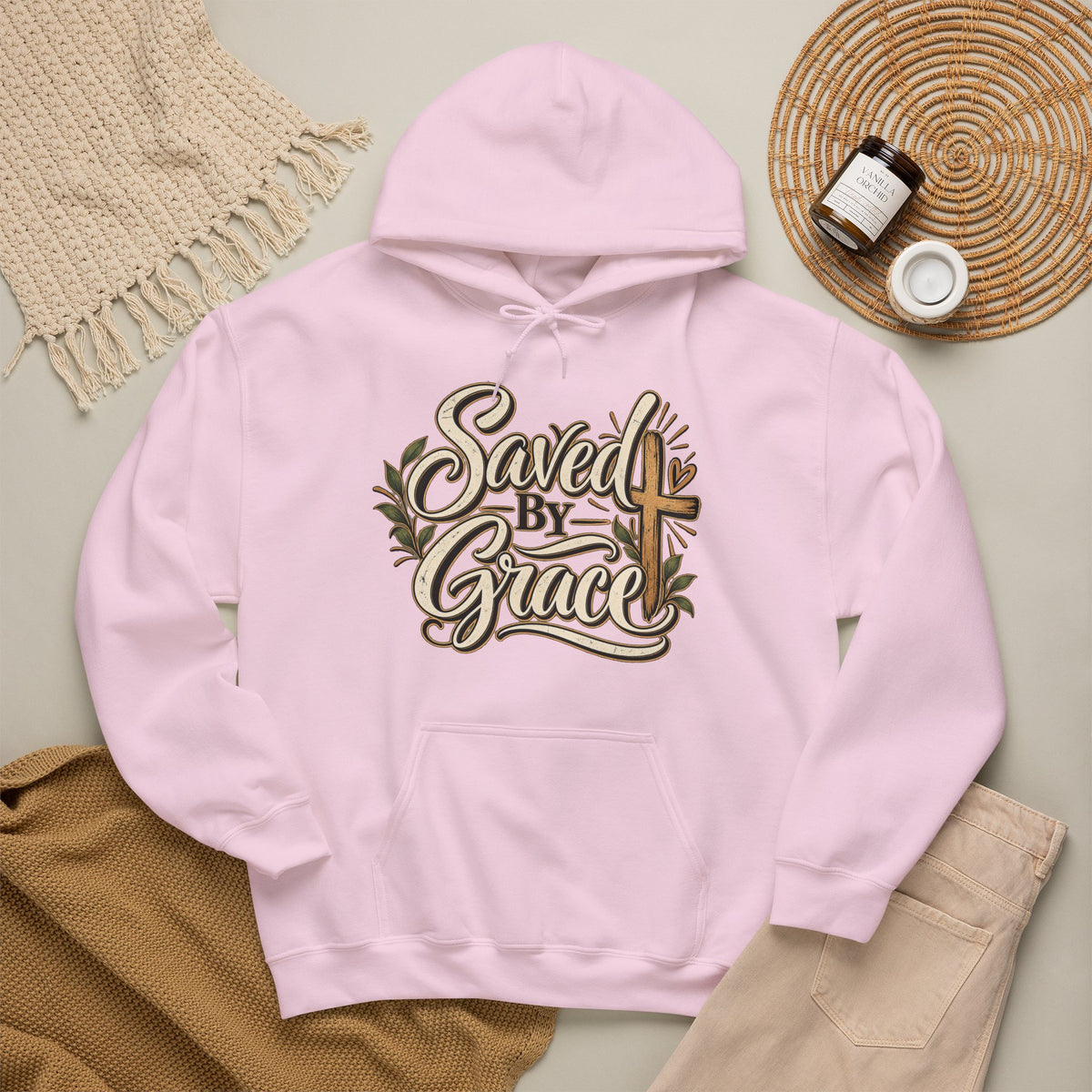 Saved by Grace Hoodie | Christian Cross Typography, Faith Apparel
