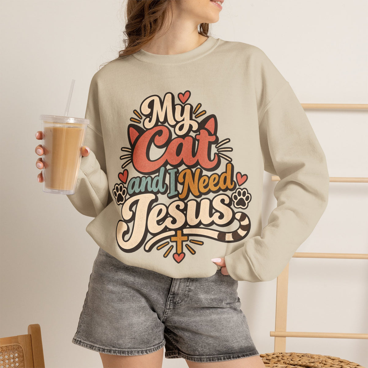 My Cat and I Need Jesus Sweatshirt | Cat Paw Faith Graphic