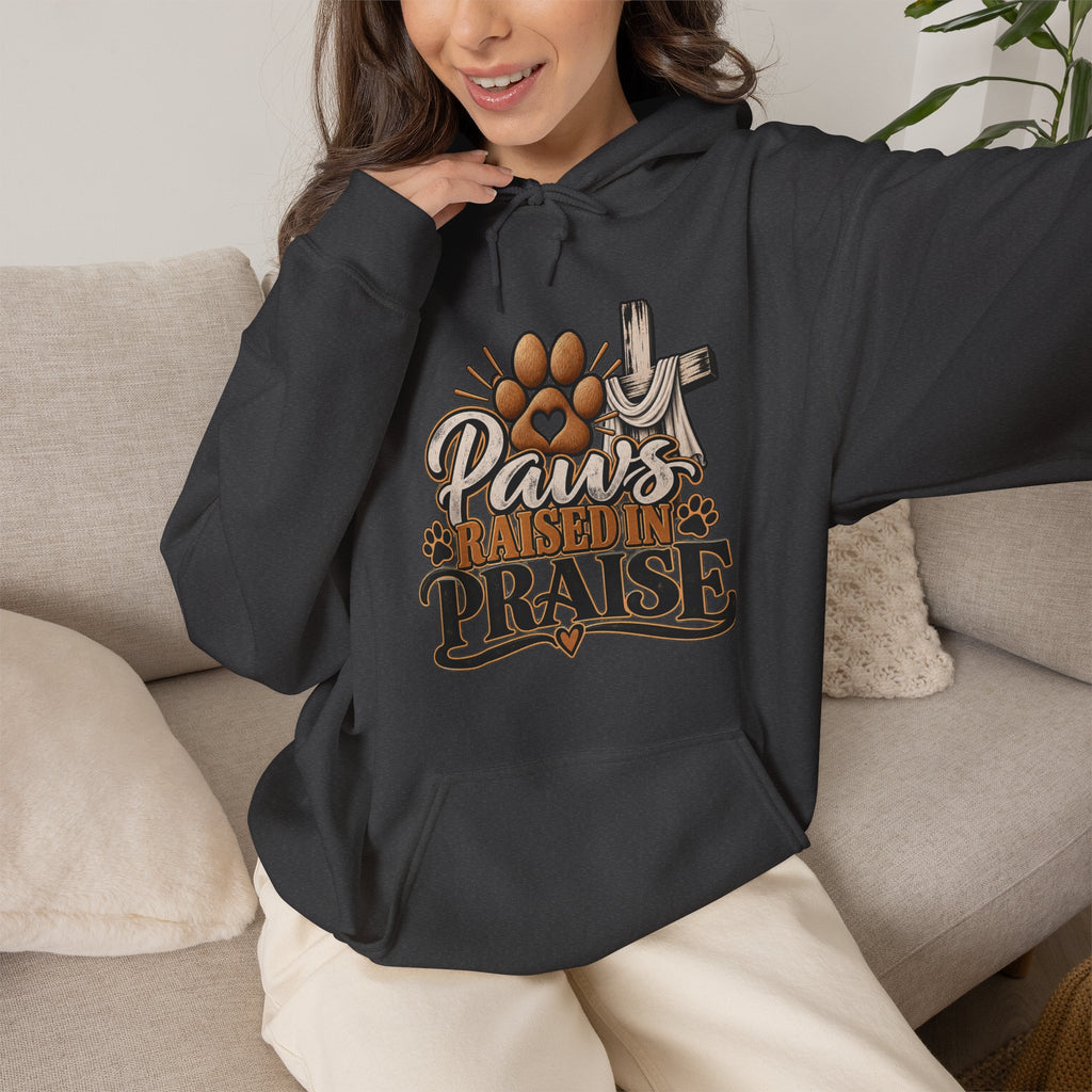 Paws Raised in Praise Hoodie | Christian Paw Print Cross Design
