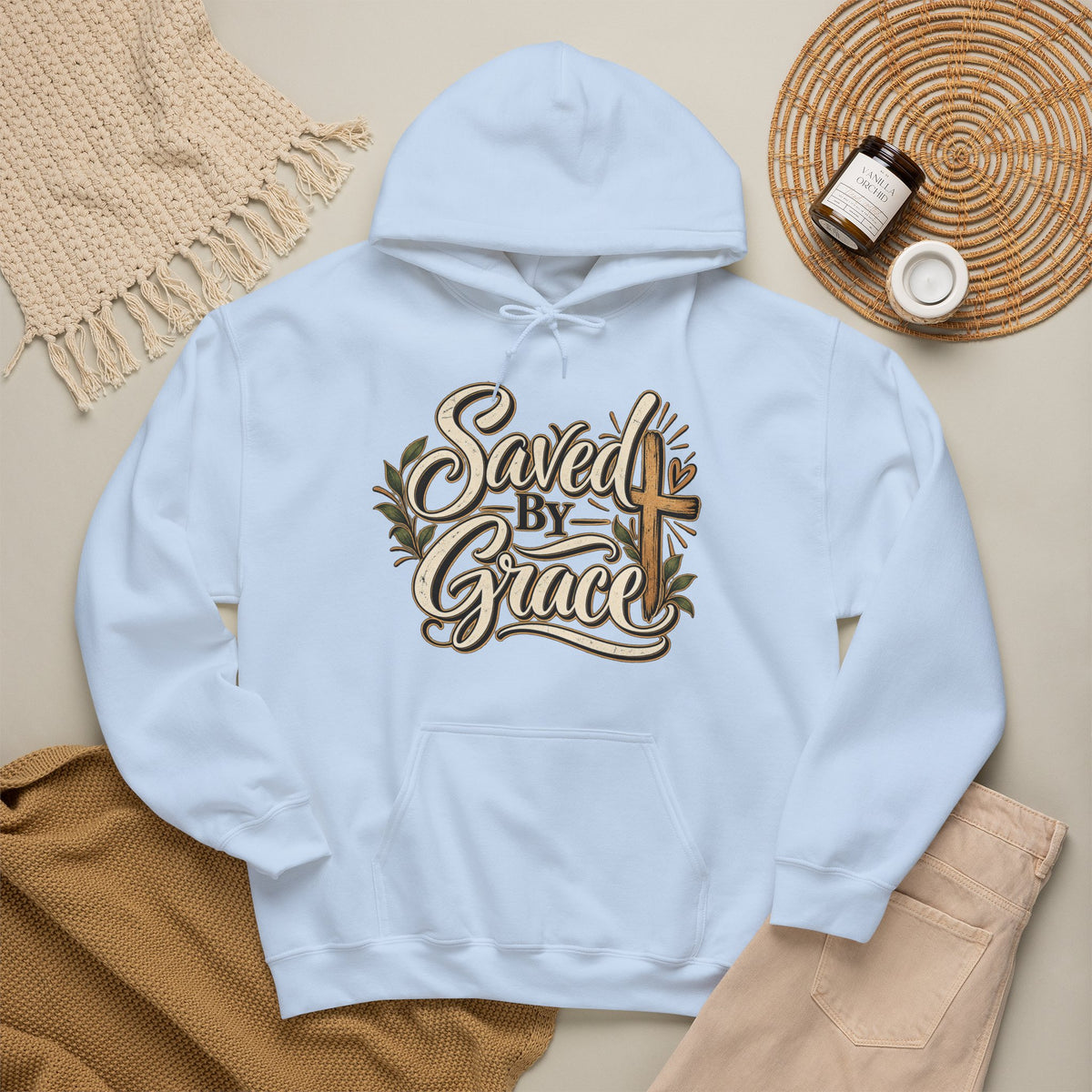 Saved by Grace Hoodie | Christian Cross Typography, Faith Apparel