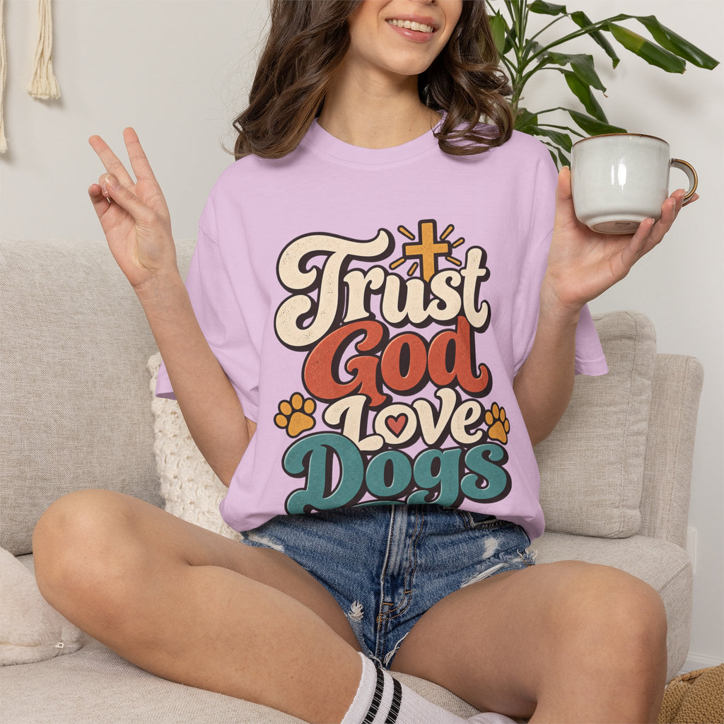 Trust God Love Dogs T-Shirt | Retro Paw Print Faith Tee