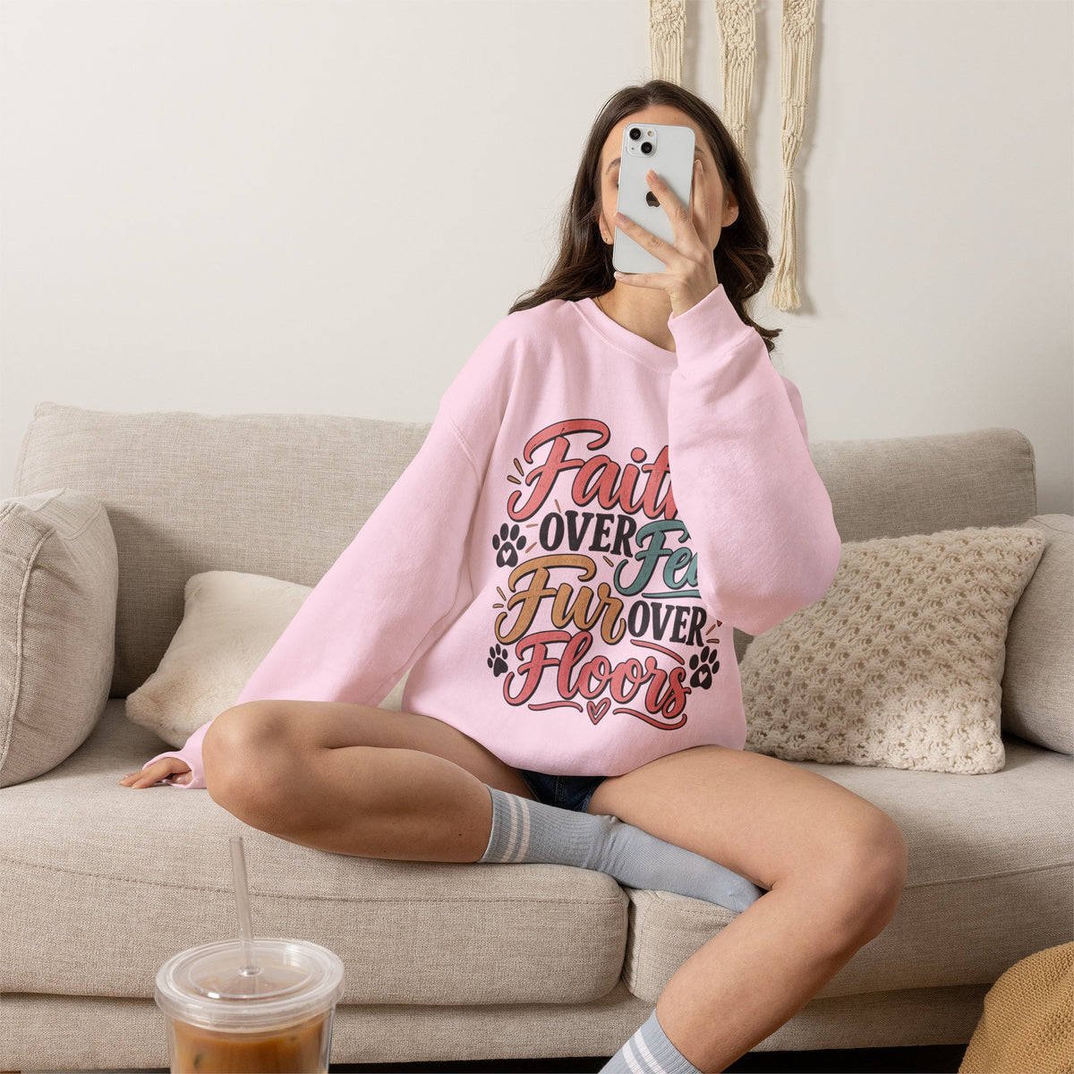 Faith Over Fear Fur Over Floors Sweatshirt | Pet Lover Paw Print Design