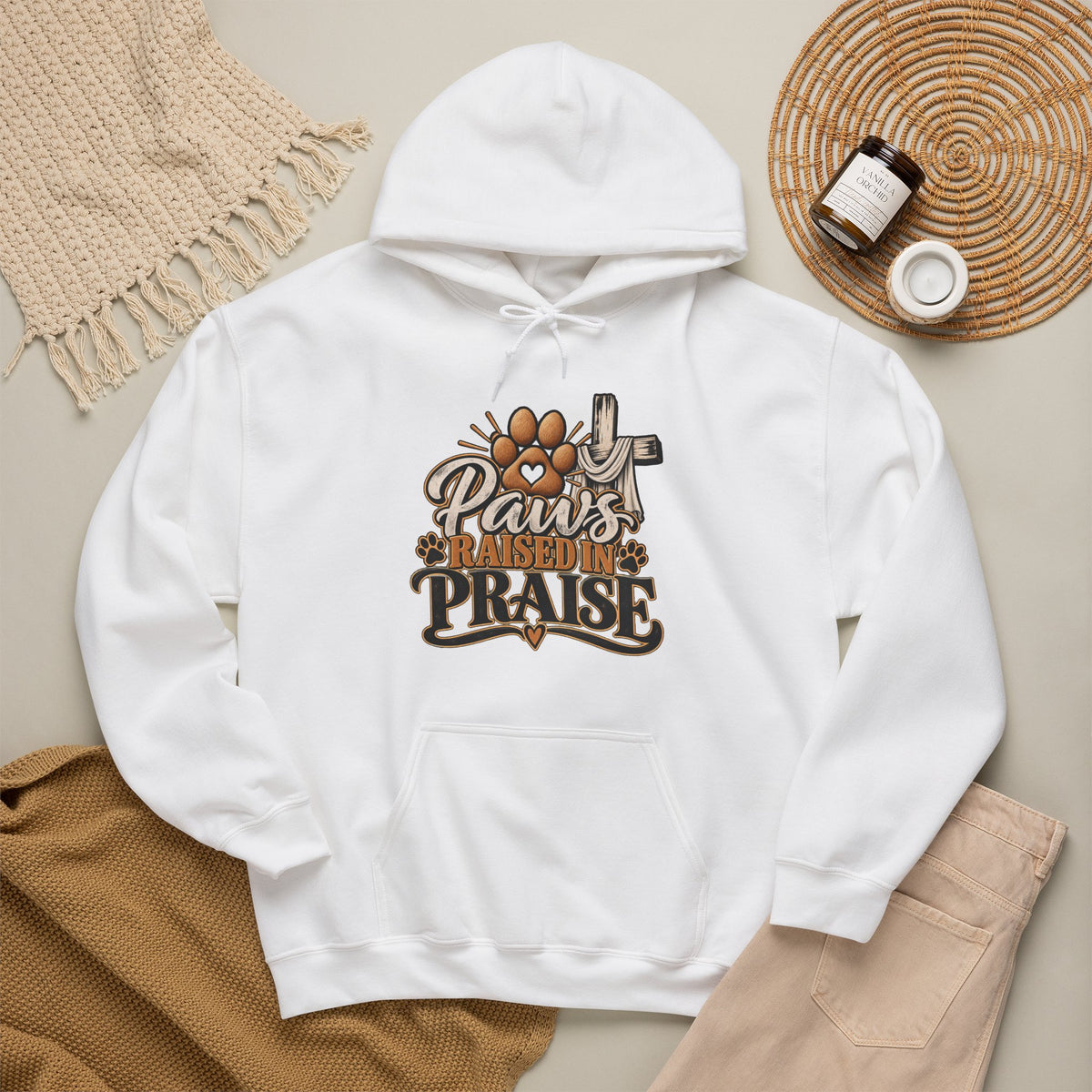 Paws Raised in Praise Hoodie | Christian Paw Print Cross Design