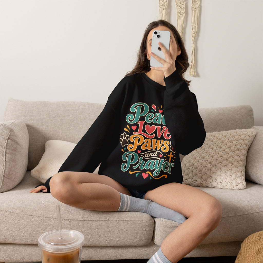 Peace Love Paws and Prayer Sweatshirt | Paw Print Faith Design