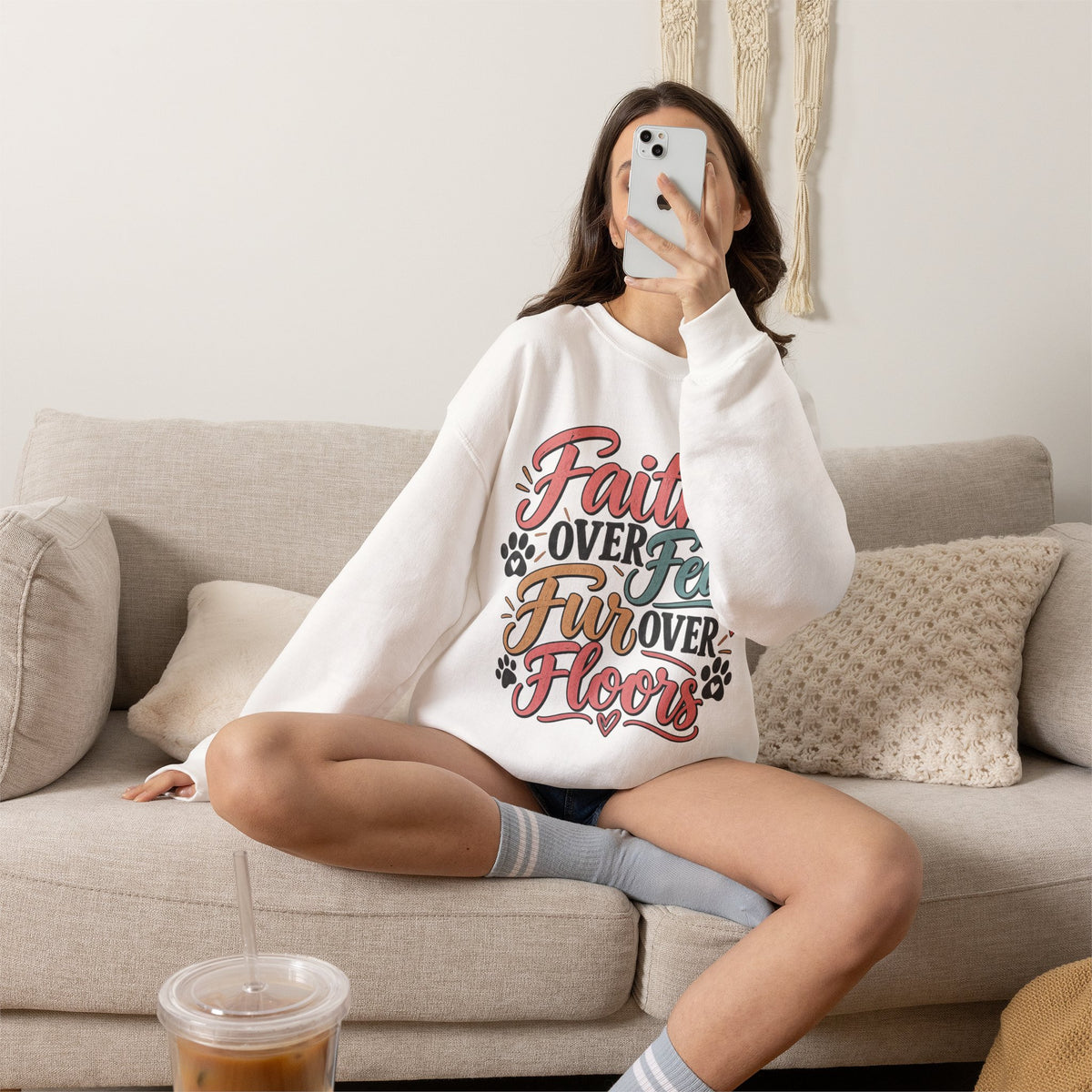 Faith Over Fear Fur Over Floors Sweatshirt | Pet Lover Paw Print Design