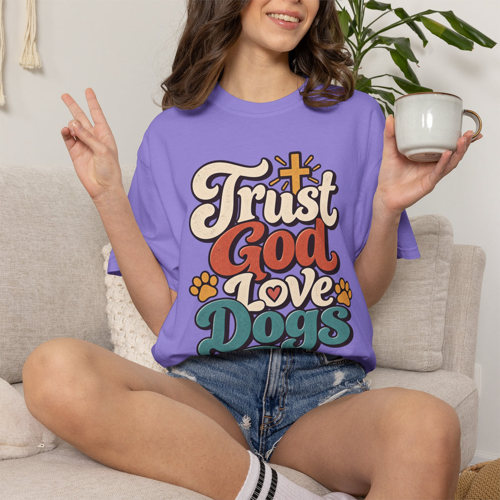 Trust God Love Dogs T-Shirt | Retro Paw Print Faith Tee