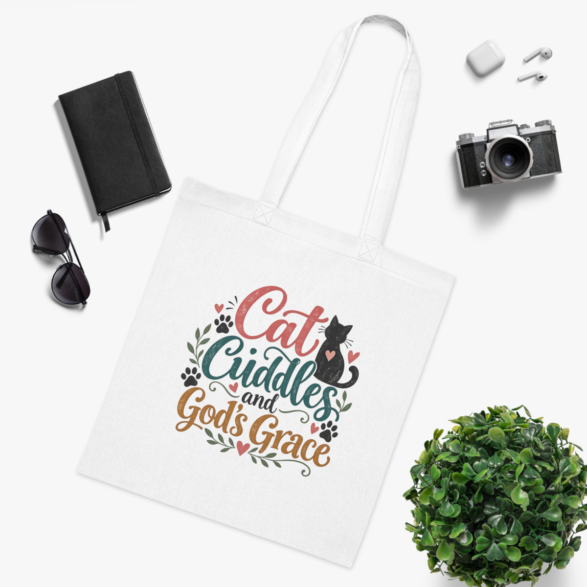 Cat Cuddles and Gods Grace Cotton Tote | Cat Lover Christian Tote