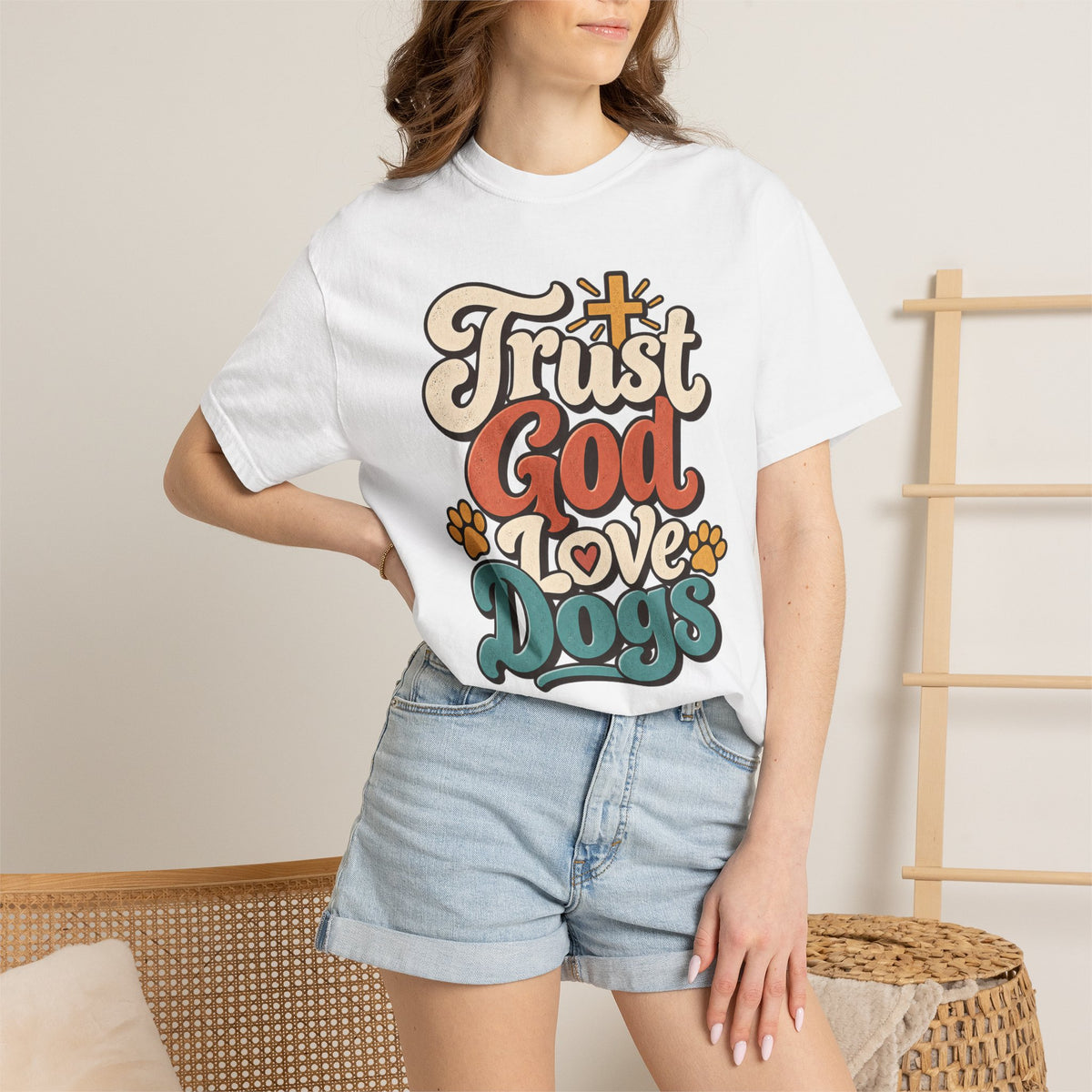 Trust God Love Dogs T-Shirt | Retro Paw Print Faith Tee