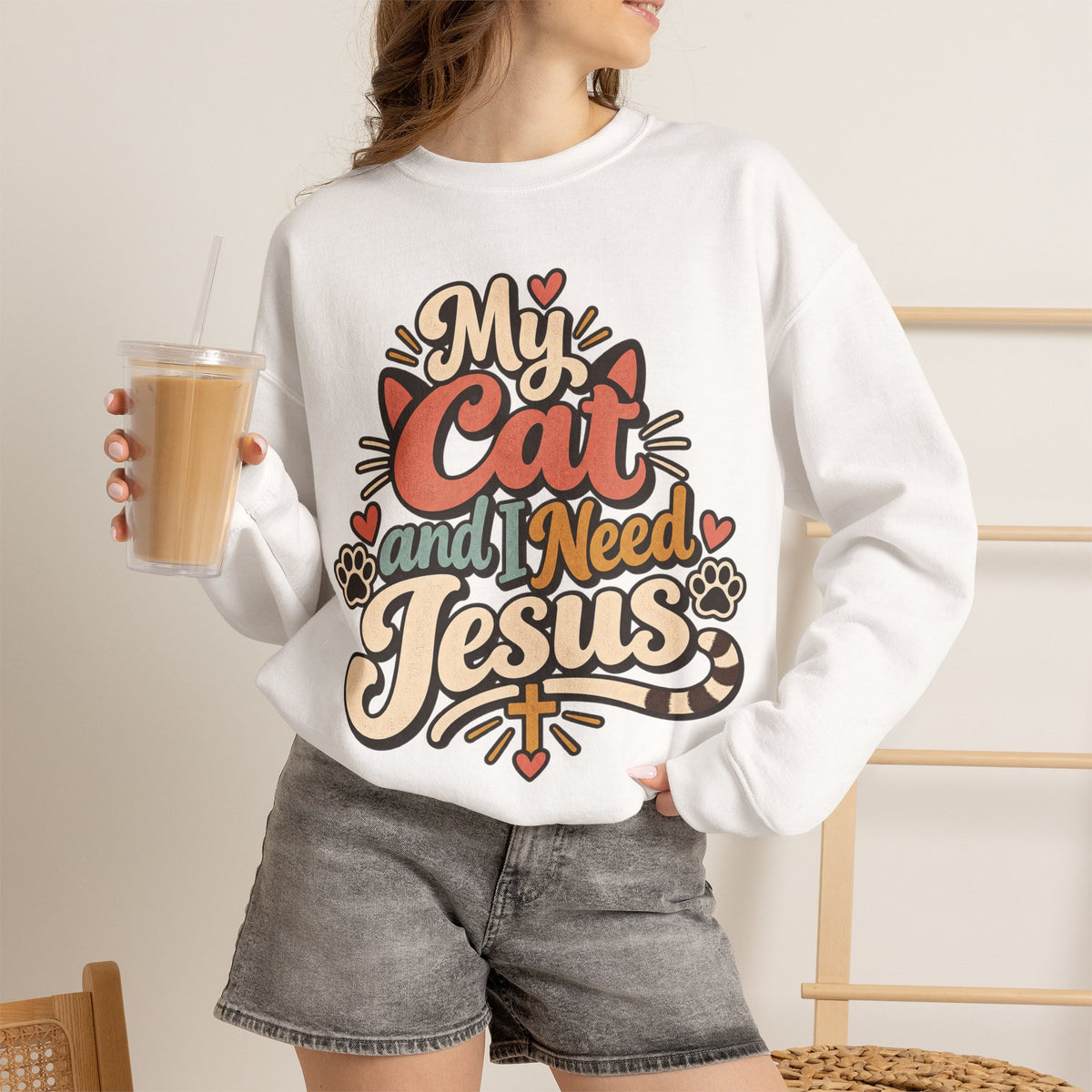 My Cat and I Need Jesus Sweatshirt | Cat Paw Faith Graphic