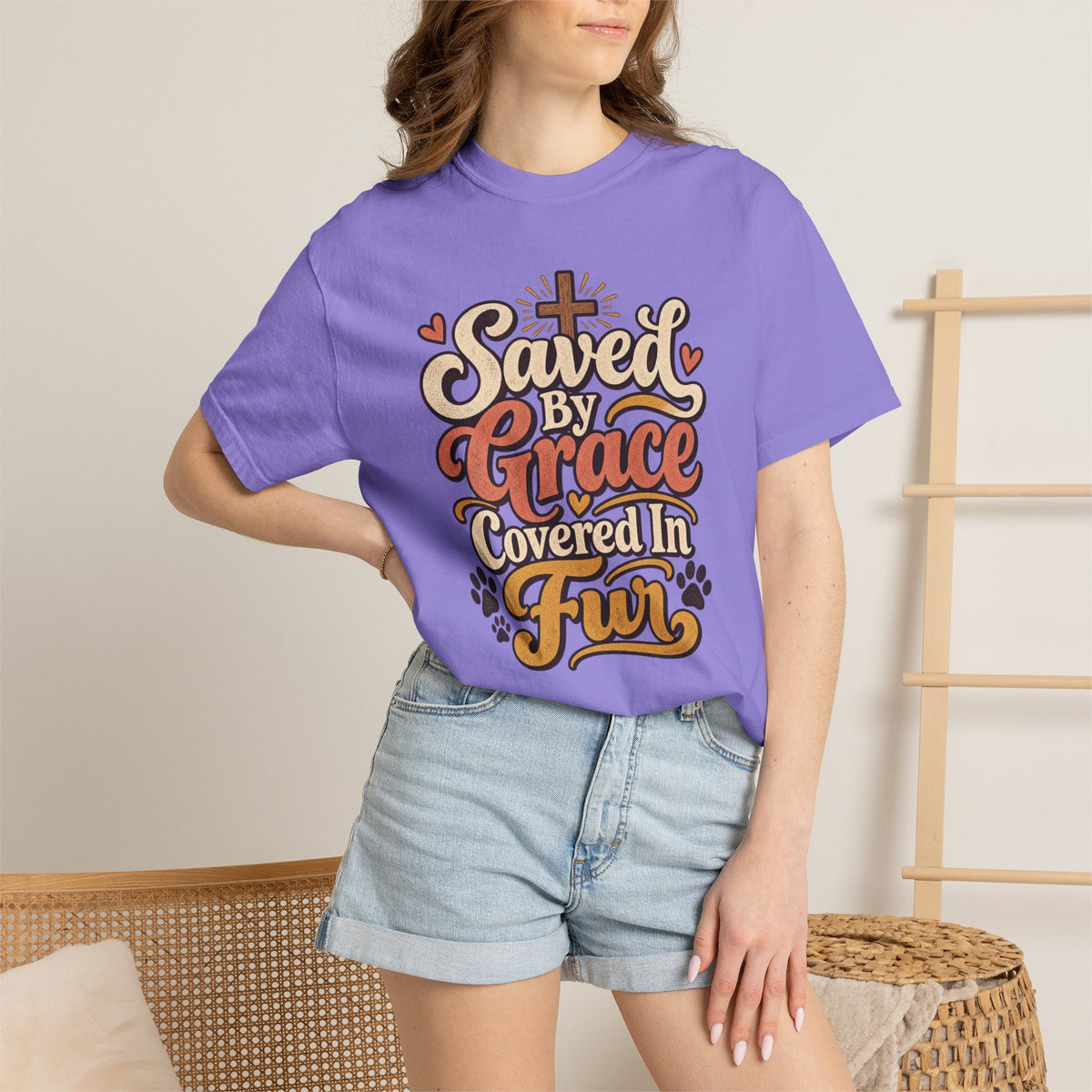 Saved By Grace Covered In Fur T-shirt | Christian Pet Lover Tee