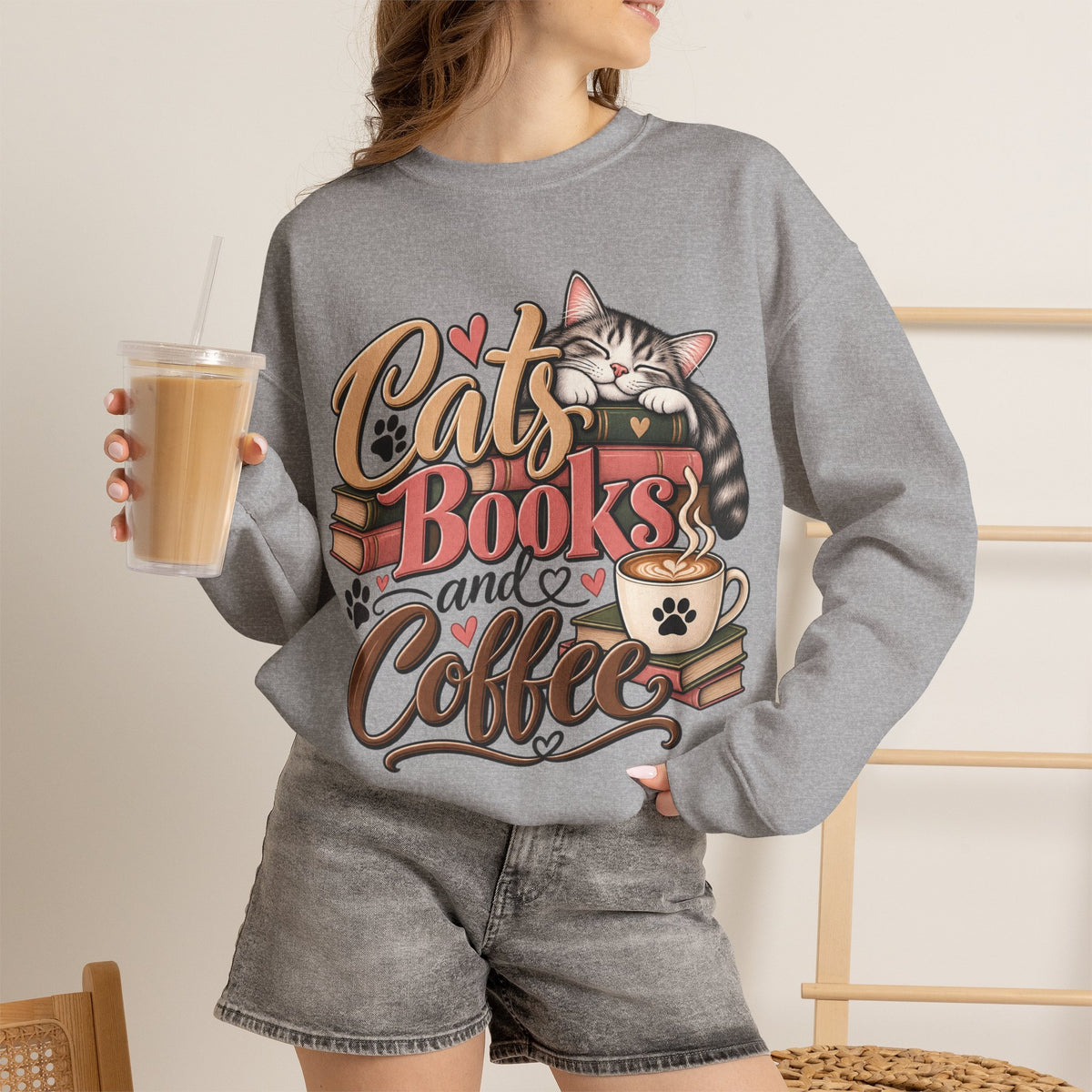 Cats Books and Coffee Crewneck Sweatshirt