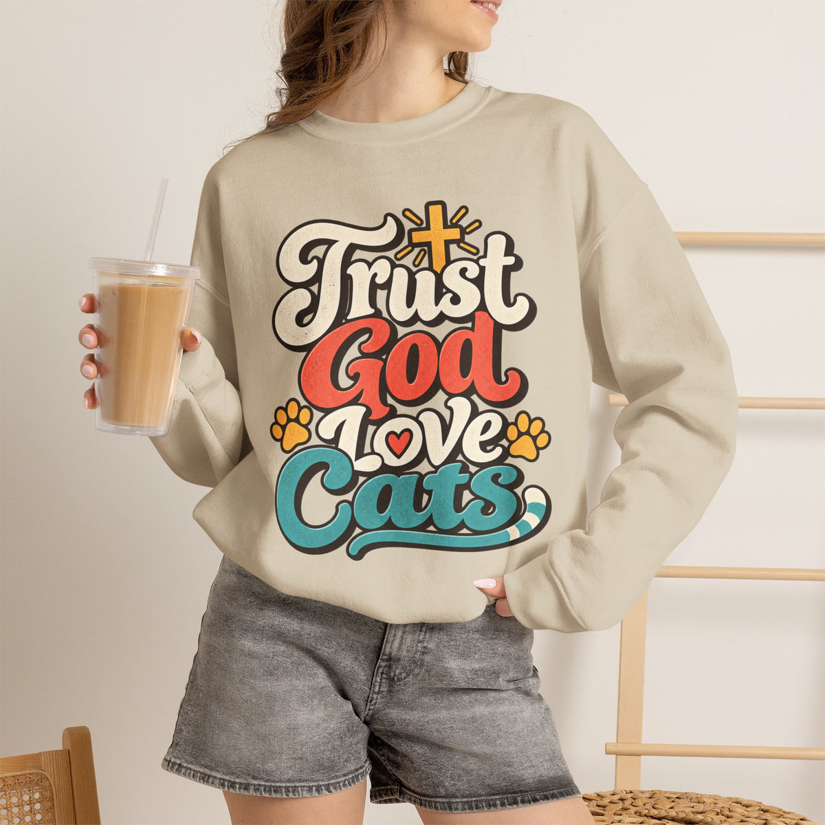 Trust God Love Cats Sweatshirt | Christian Cat Lover Crewneck