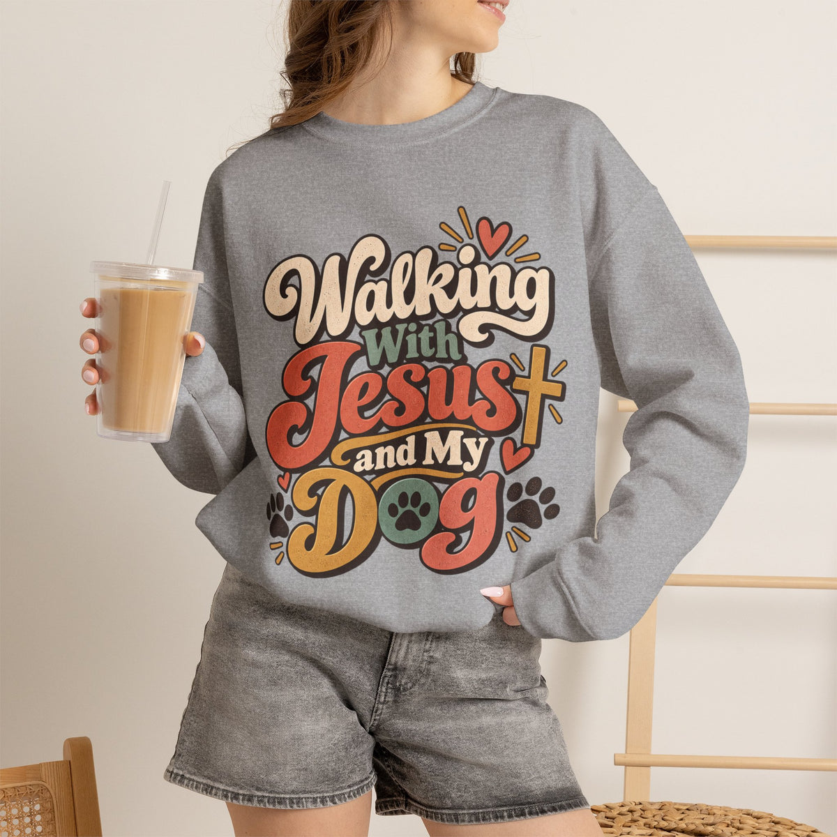 Walking With Jesus and My Dog Sweatshirt | Christian Paw Print Design