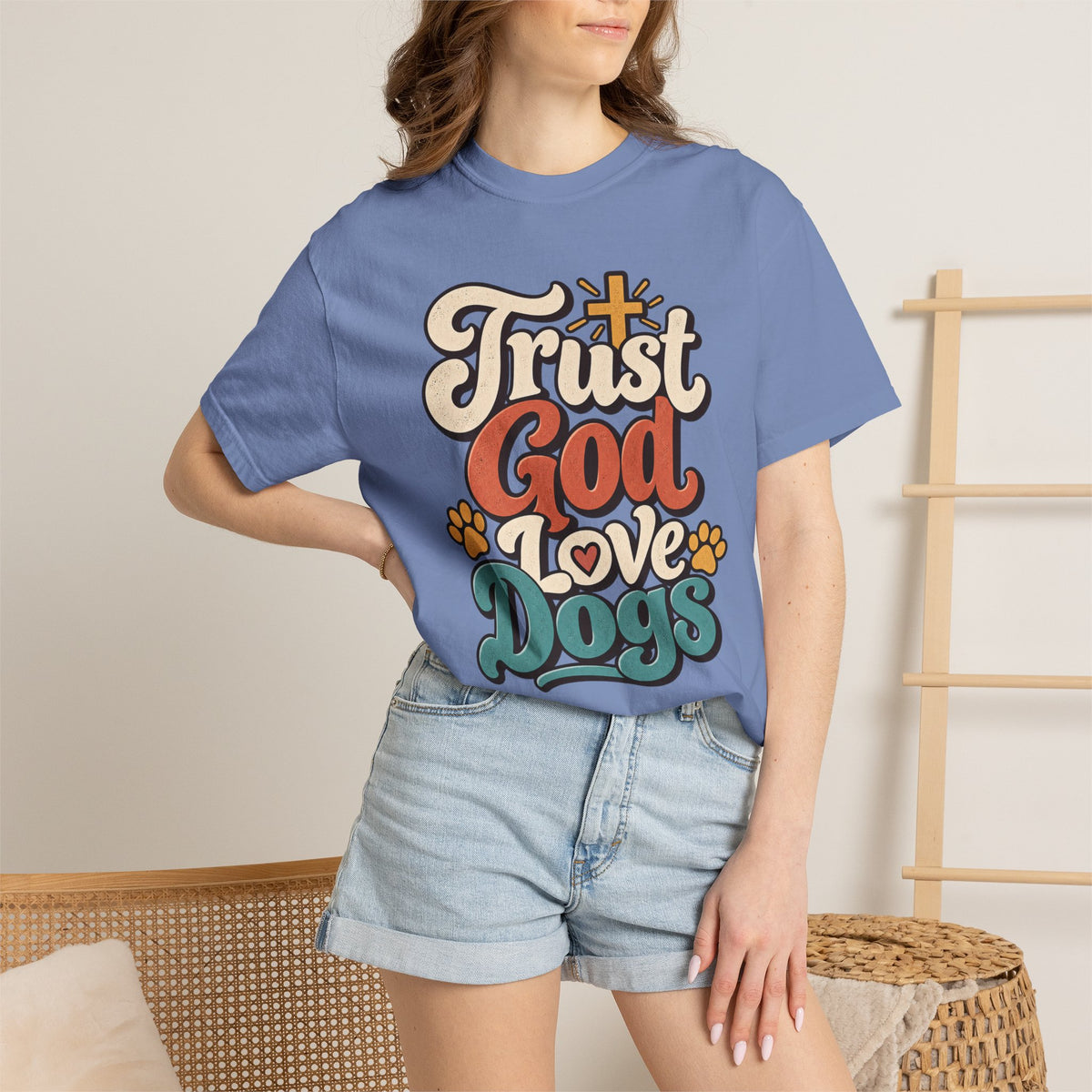 Trust God Love Dogs T-Shirt | Retro Paw Print Faith Tee