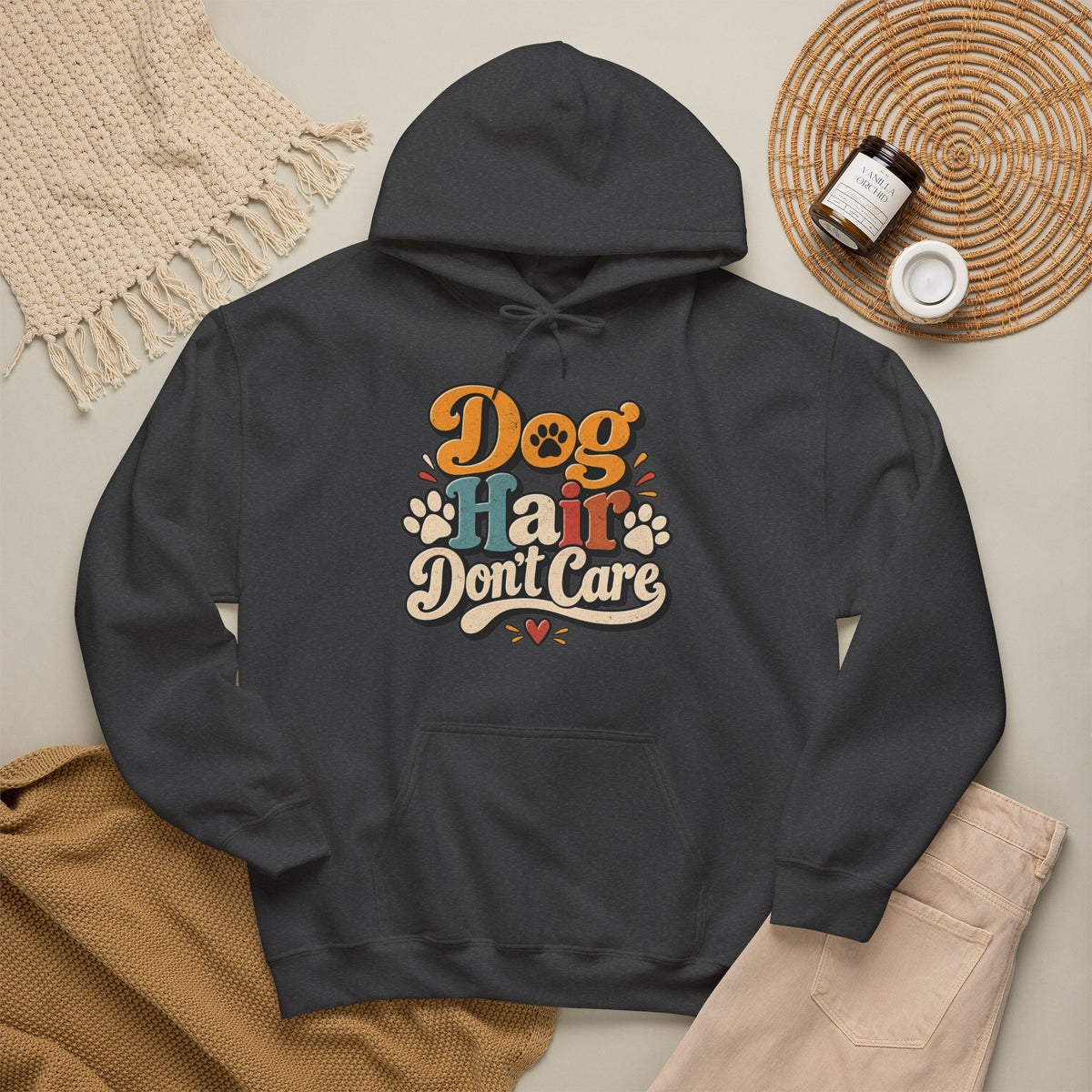 Dog Hair Don't Care Hoodie | Retro Paw Print Design