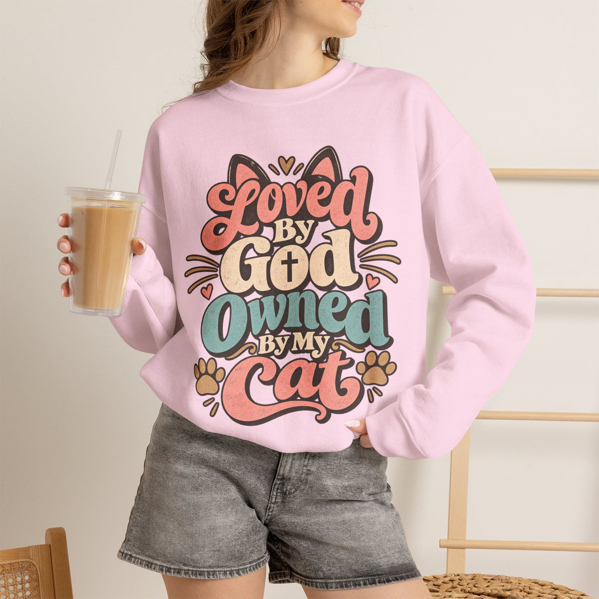 Loved by God Owned by My Cat Sweatshirt | Cute Cat Paw Typography