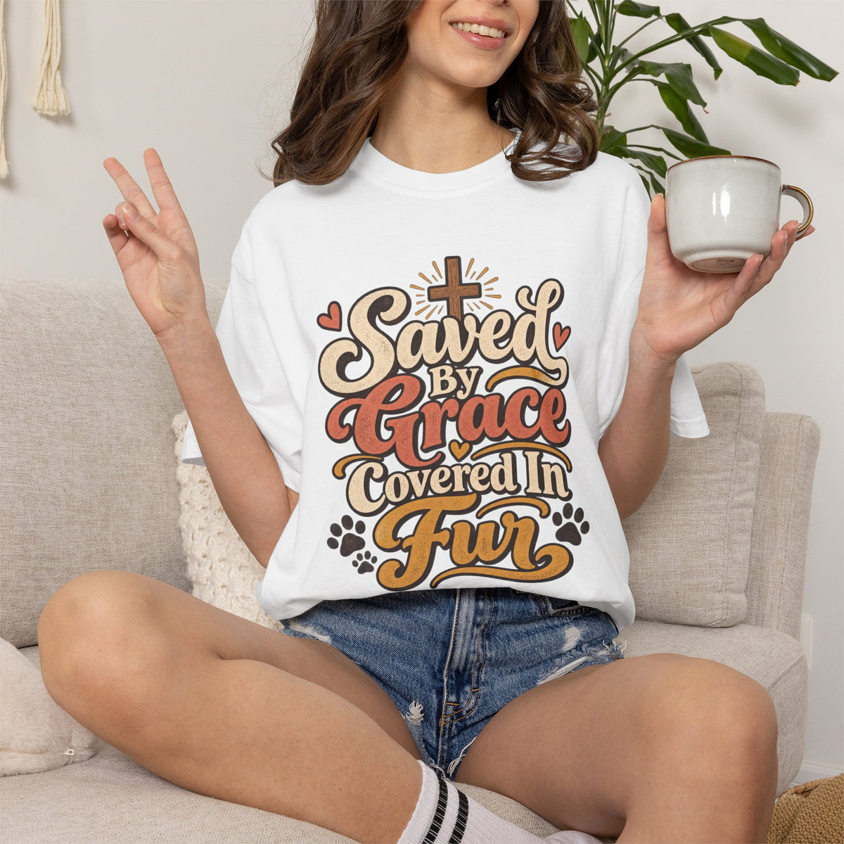 Saved By Grace Covered In Fur T-shirt | Christian Pet Lover Tee