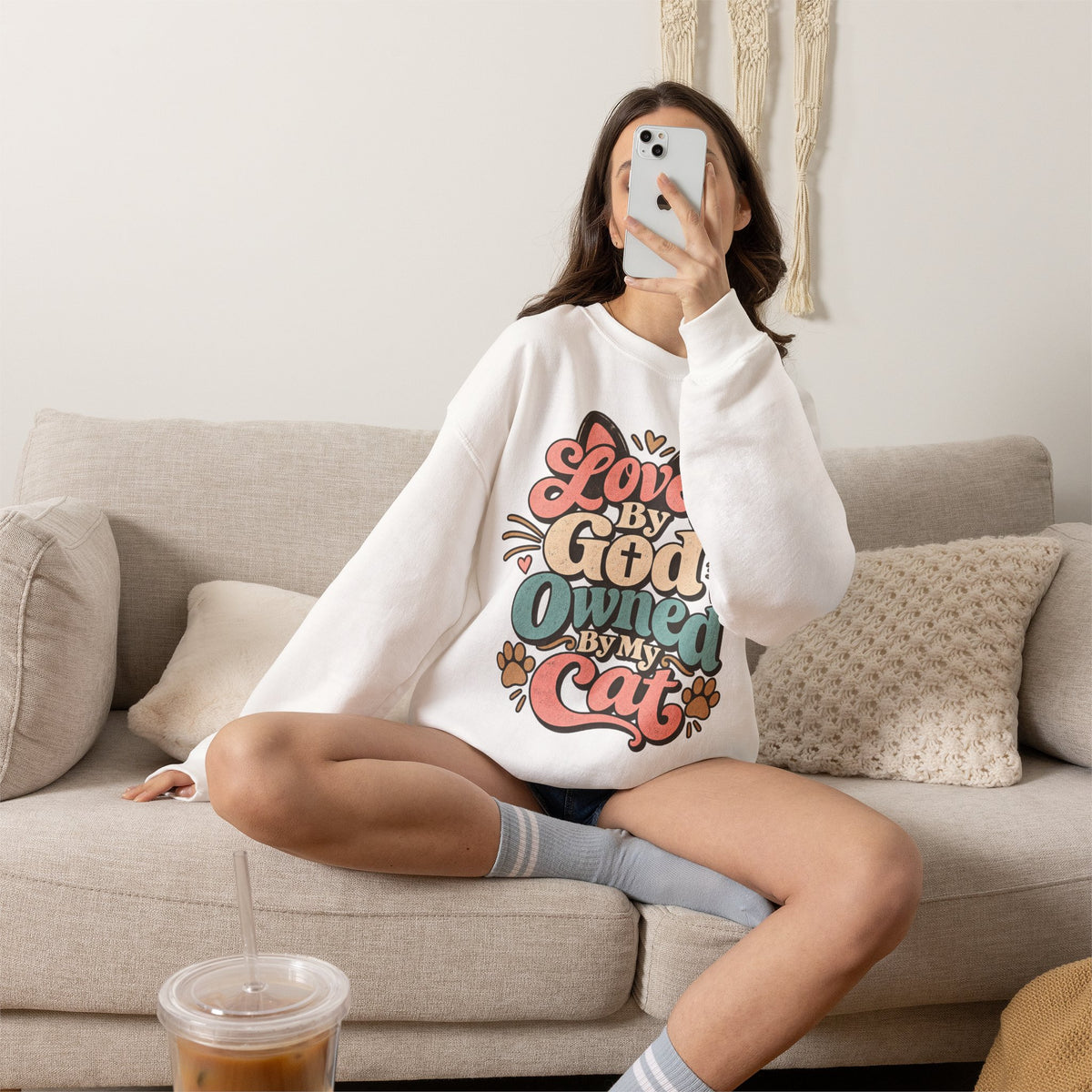 Loved by God Owned by My Cat Sweatshirt | Cute Cat Paw Typography