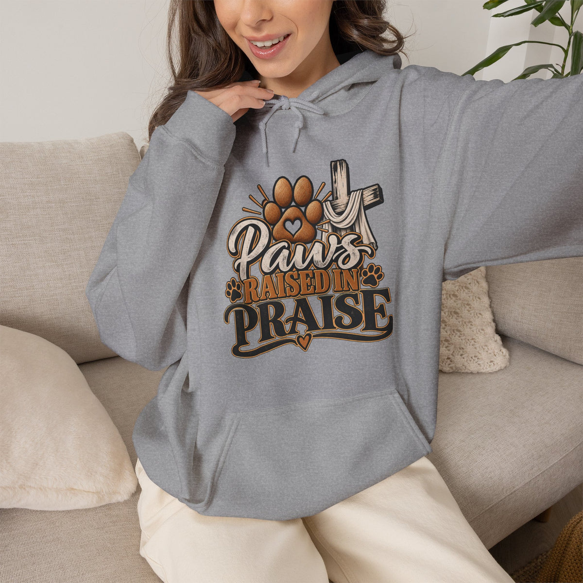 Paws Raised in Praise Hoodie | Christian Paw Print Cross Design