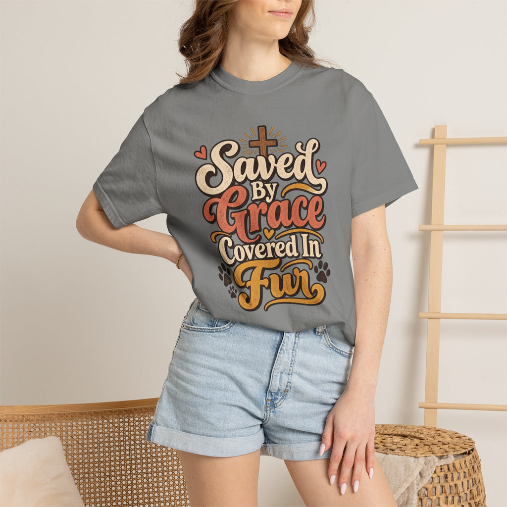 Saved By Grace Covered In Fur T-shirt | Christian Pet Lover Tee