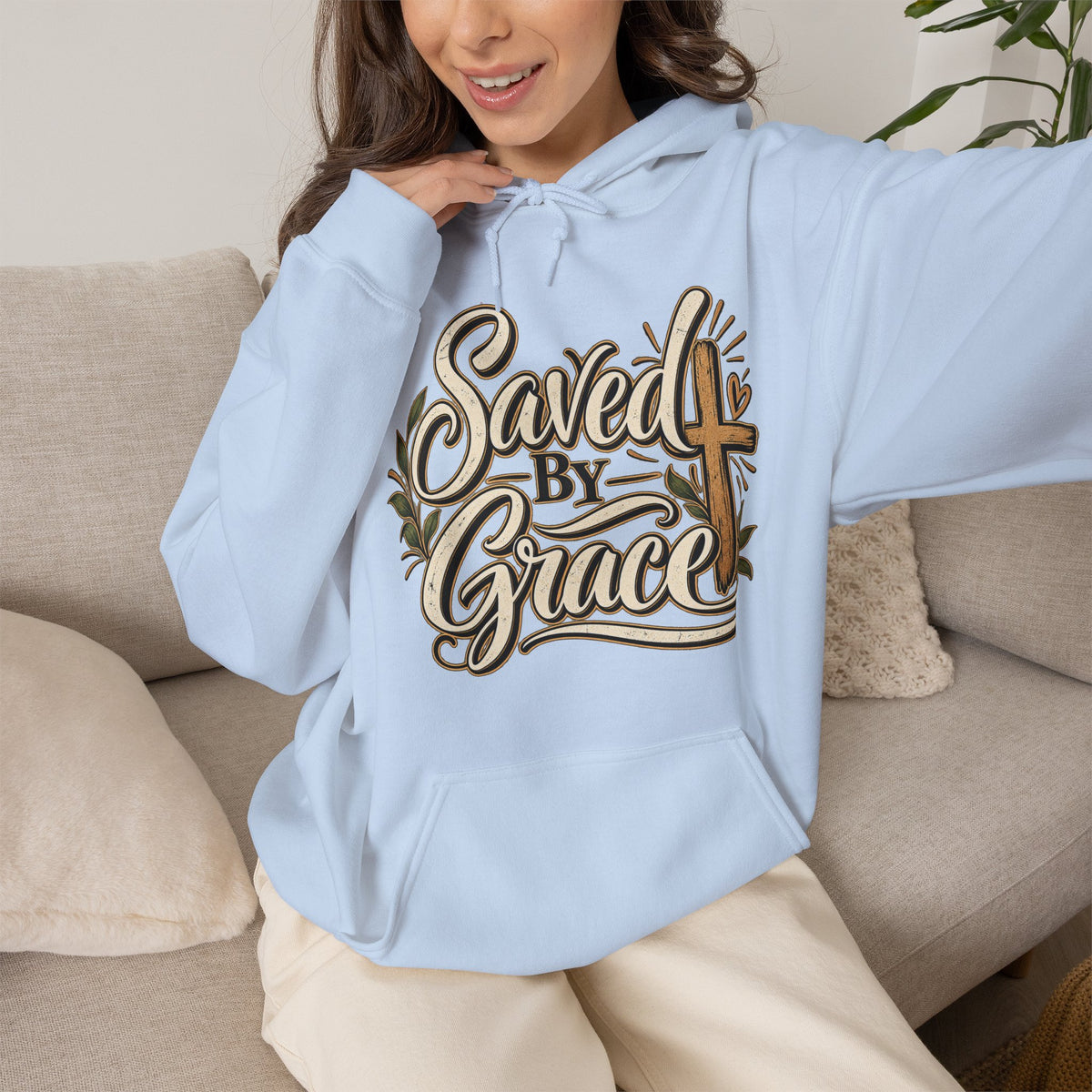 Saved by Grace Hoodie | Christian Cross Typography, Faith Apparel