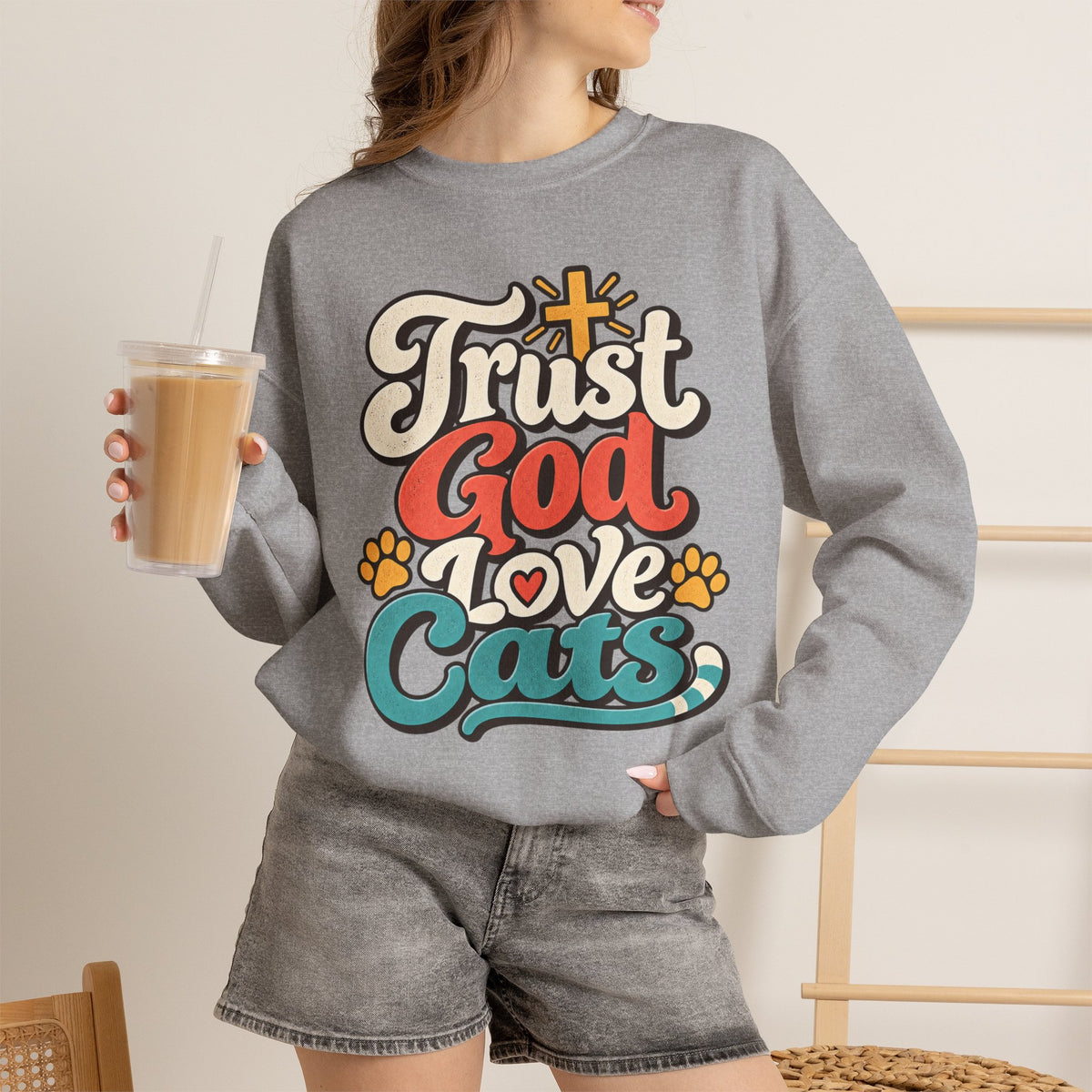 Trust God Love Cats Sweatshirt | Christian Cat Lover Crewneck