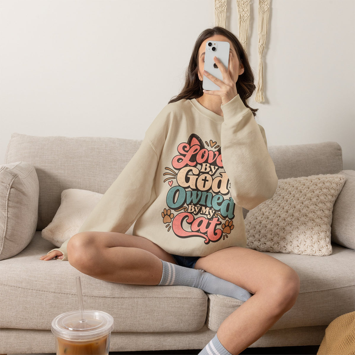 Loved by God Owned by My Cat Sweatshirt | Cute Cat Paw Typography