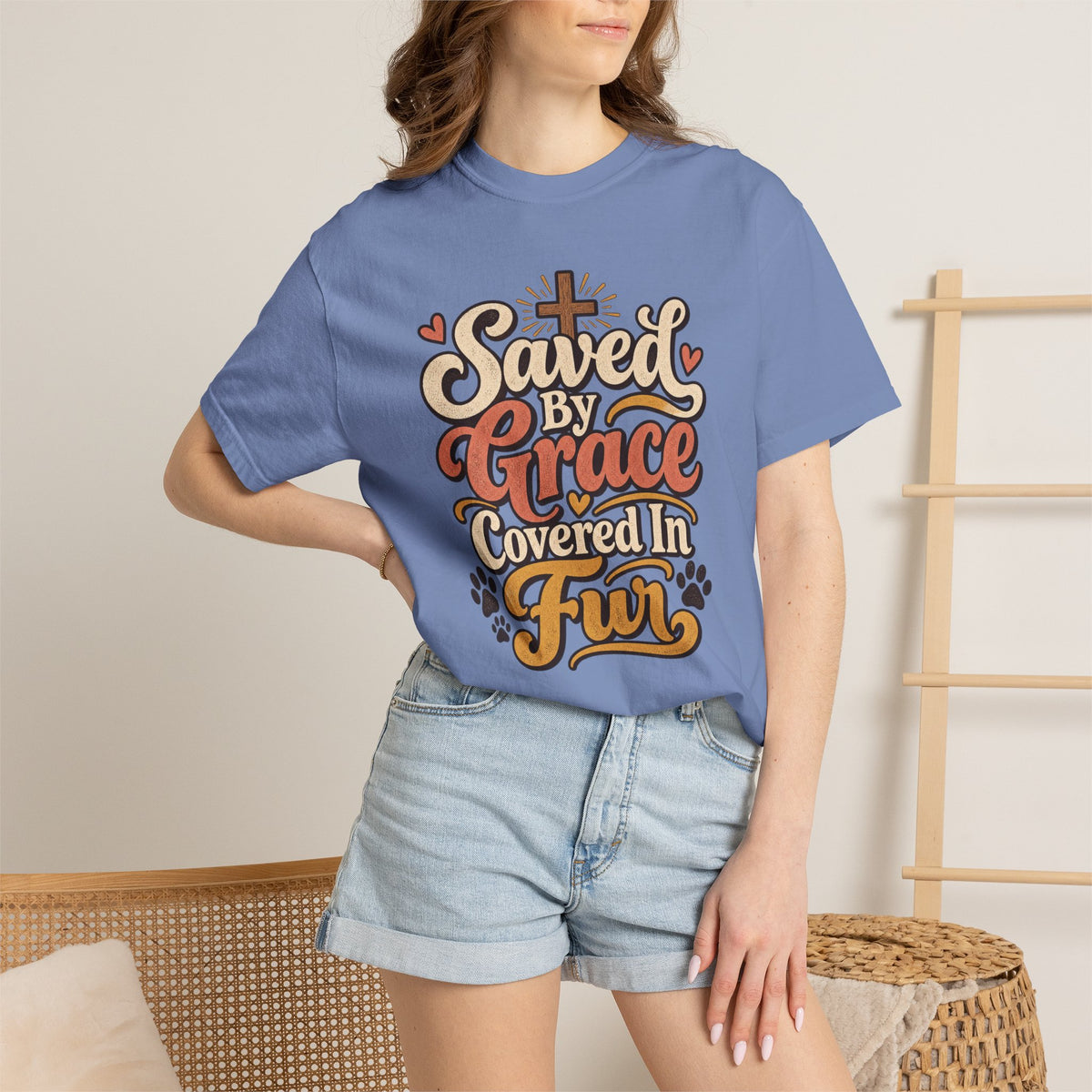 Saved By Grace Covered In Fur T-shirt | Christian Pet Lover Tee
