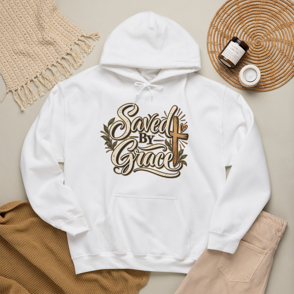 Saved by Grace Hoodie | Christian Cross Typography, Faith Apparel
