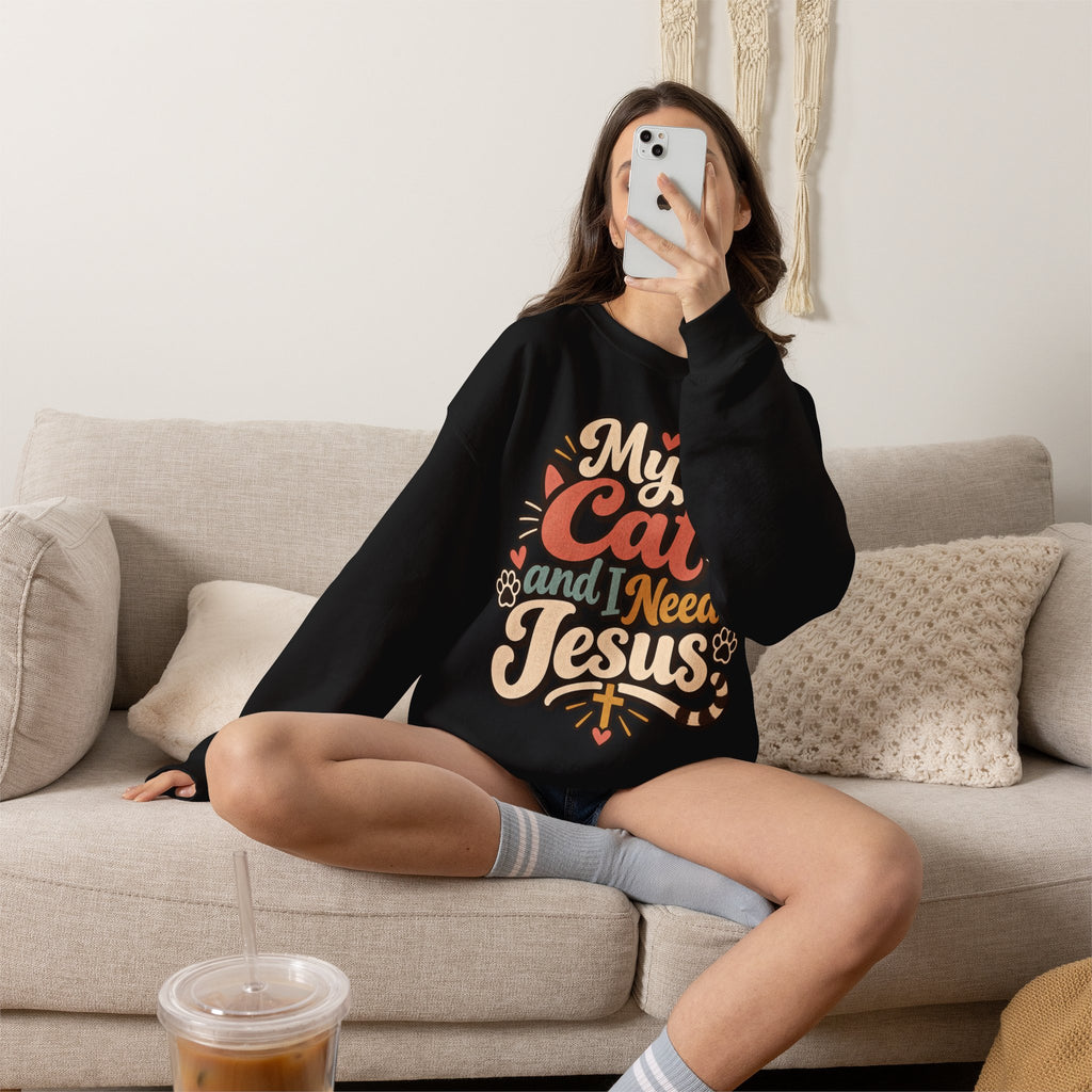 My Cat and I Need Jesus Sweatshirt | Cat Paw Faith Graphic