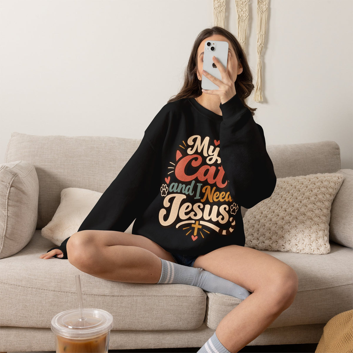 My Cat and I Need Jesus Sweatshirt | Cat Paw Faith Graphic