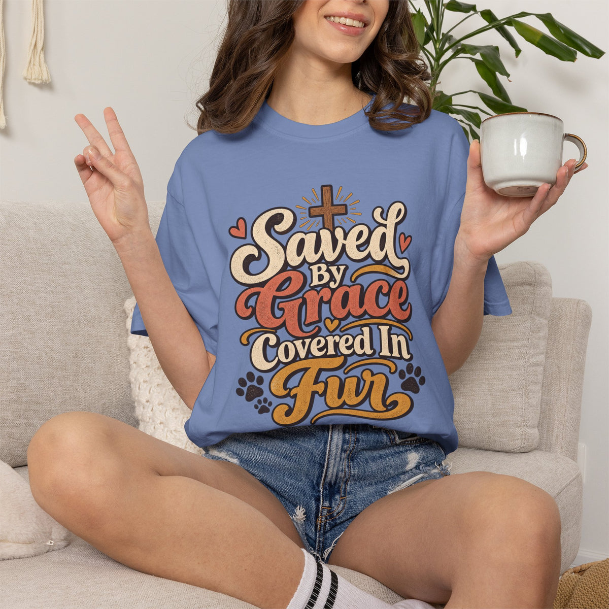 Saved By Grace Covered In Fur T-shirt | Christian Pet Lover Tee