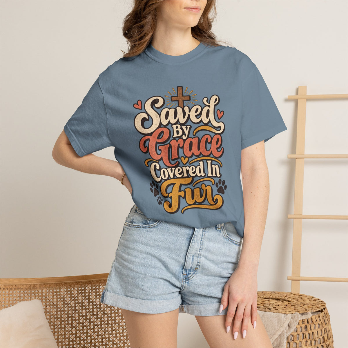 Saved By Grace Covered In Fur T-shirt | Christian Pet Lover Tee