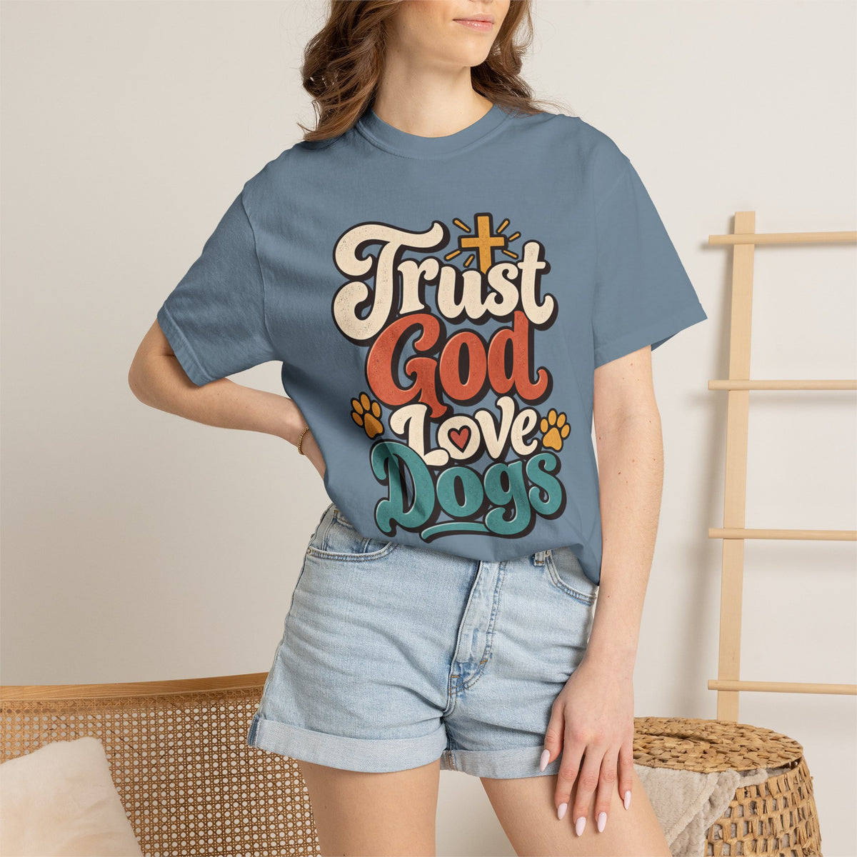 Trust God Love Dogs T-Shirt | Retro Paw Print Faith Tee