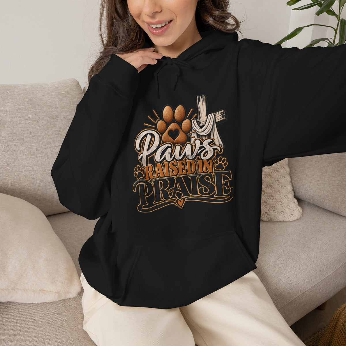 Paws Raised in Praise Hoodie | Christian Paw Print Cross Design