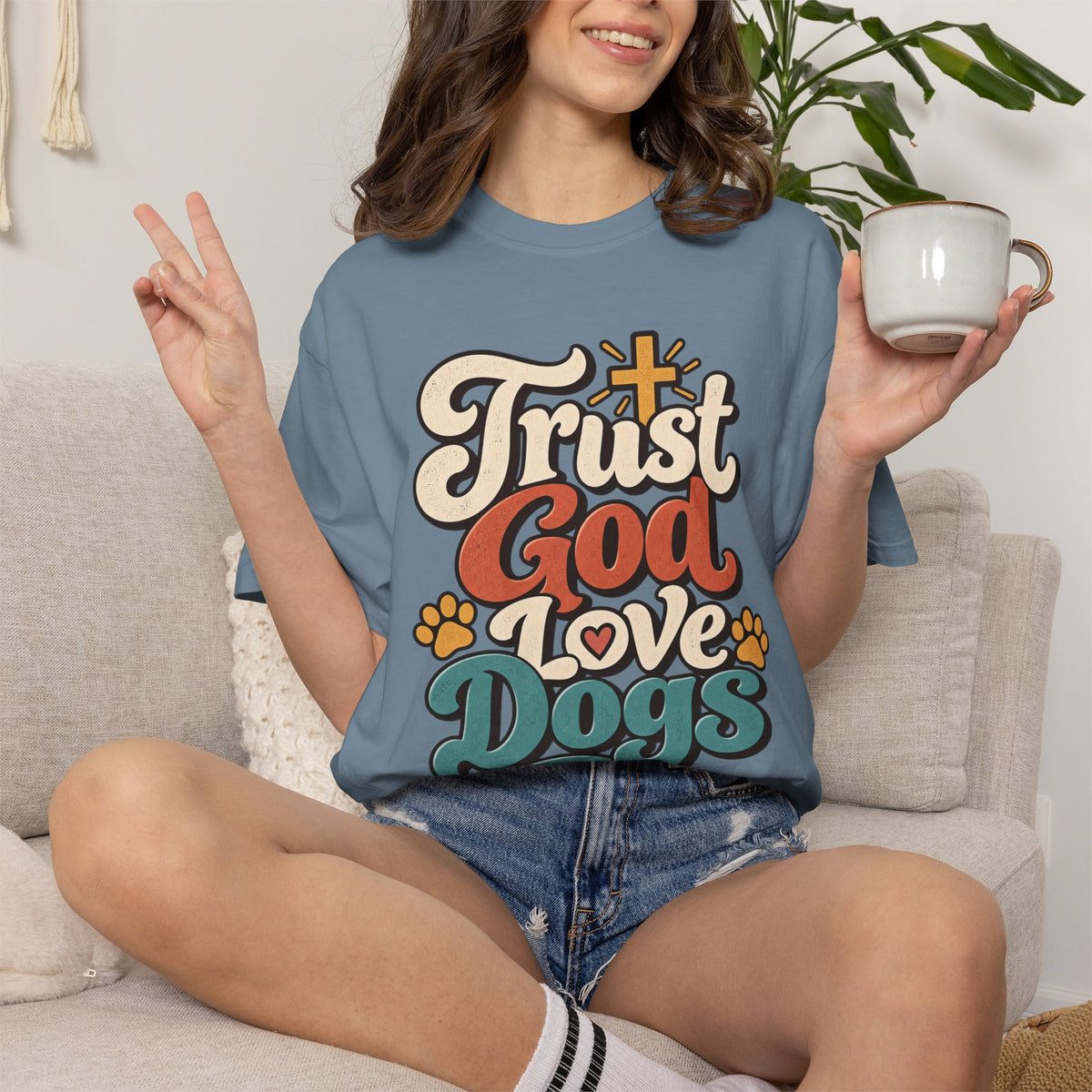 Trust God Love Dogs T-Shirt | Retro Paw Print Faith Tee