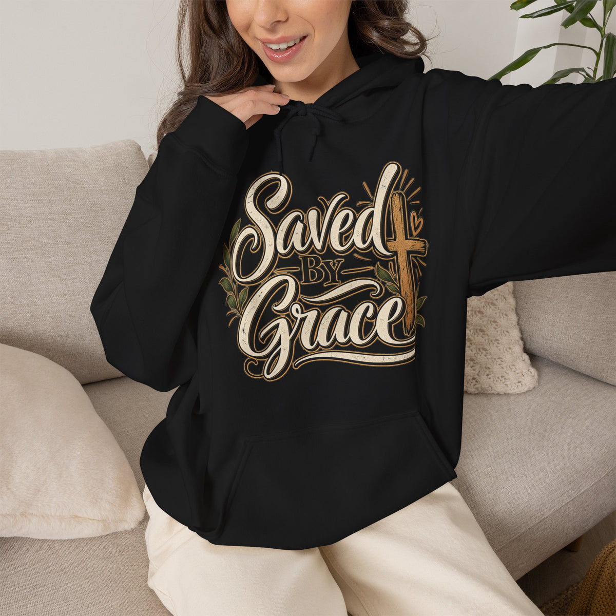 Saved by Grace Hoodie | Christian Cross Typography, Faith Apparel