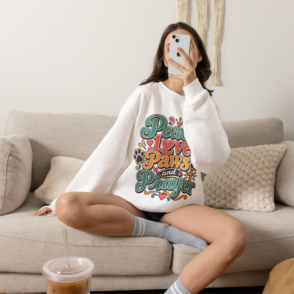 Peace Love Paws and Prayer Sweatshirt | Paw Print Faith Design