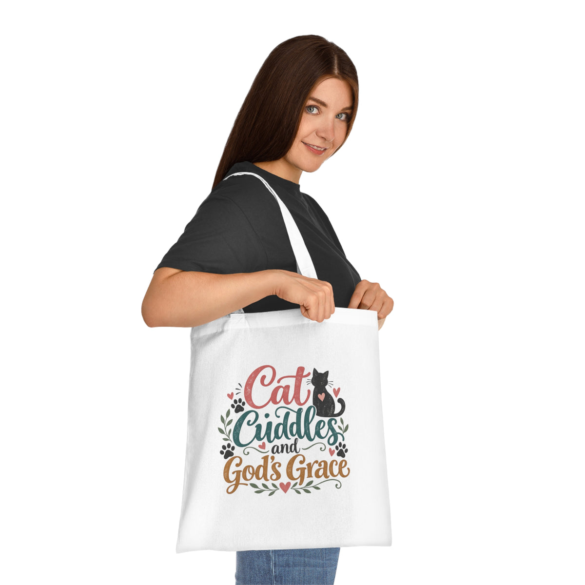 Cat Cuddles and Gods Grace Cotton Tote | Cat Lover Christian Tote