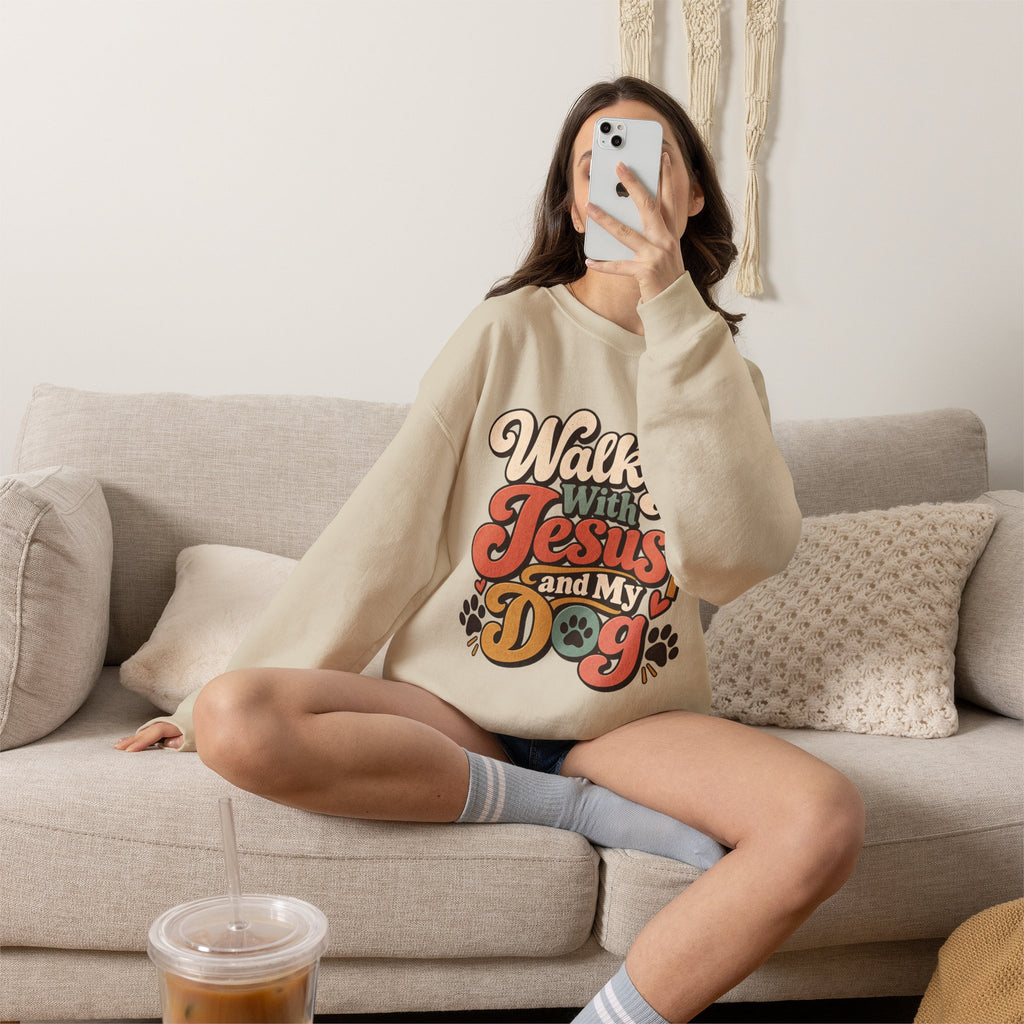 Walking With Jesus and My Dog Sweatshirt | Christian Paw Print Design