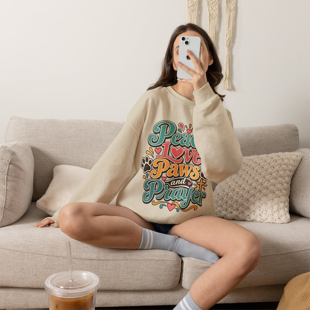 Peace Love Paws and Prayer Sweatshirt | Paw Print Faith Design