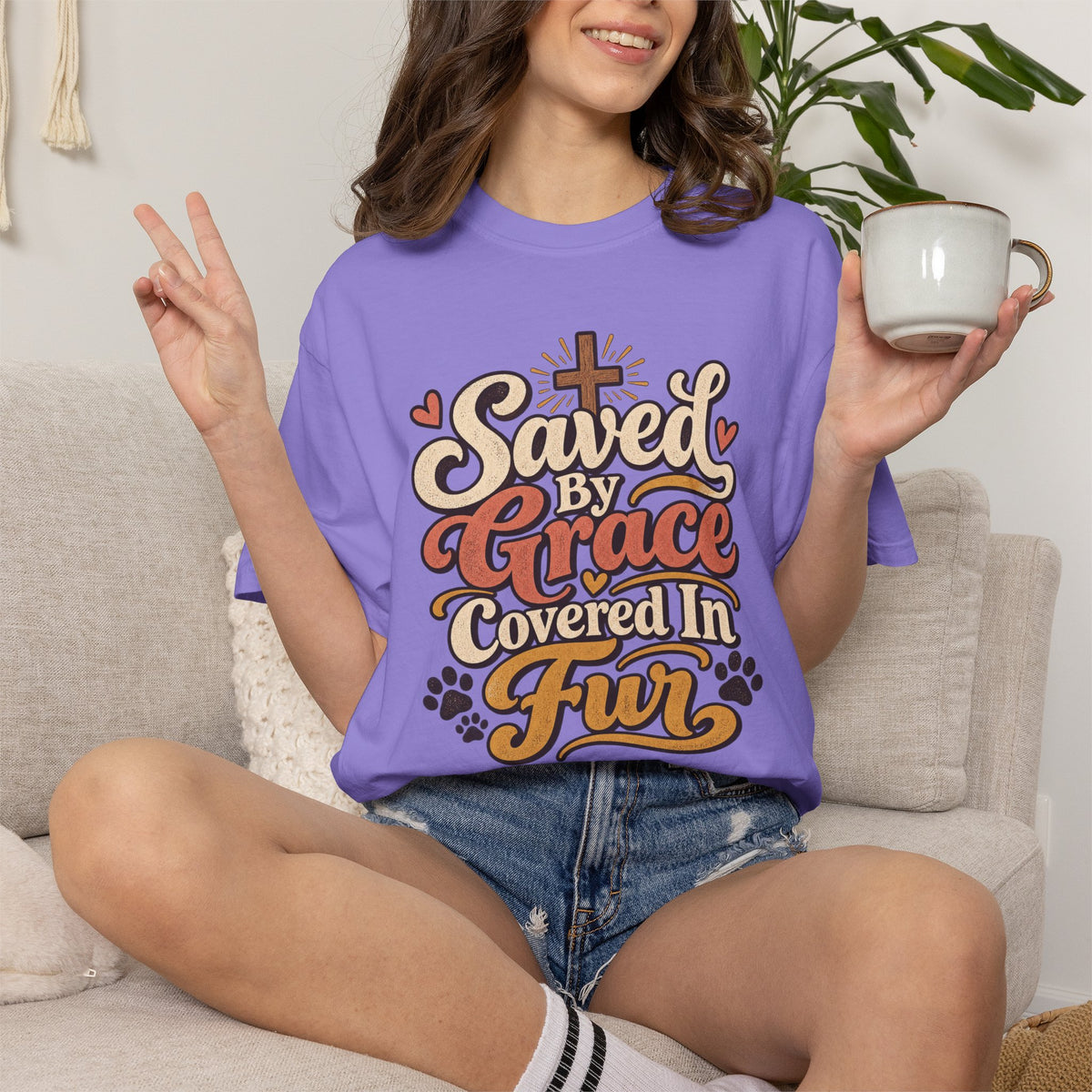 Saved By Grace Covered In Fur T-shirt | Christian Pet Lover Tee