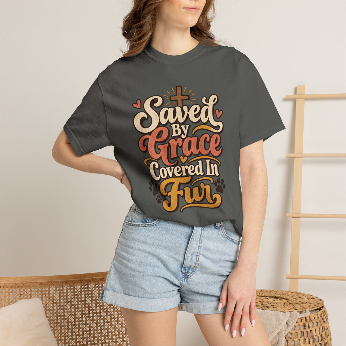 Saved By Grace Covered In Fur T-shirt | Christian Pet Lover Tee