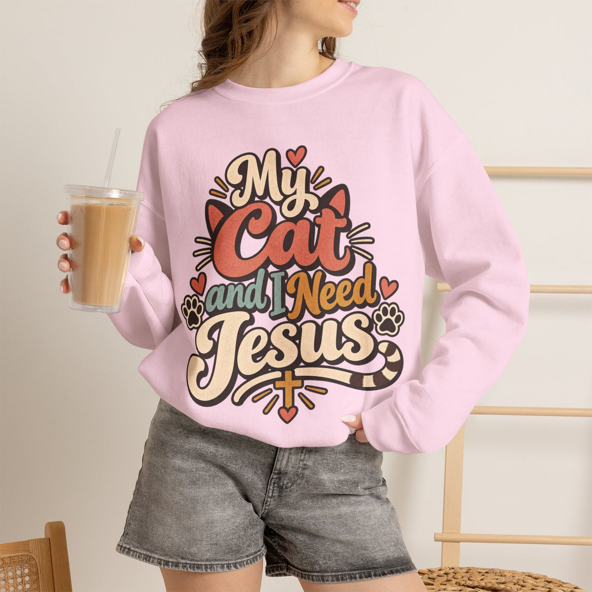 My Cat and I Need Jesus Sweatshirt | Cat Paw Faith Graphic