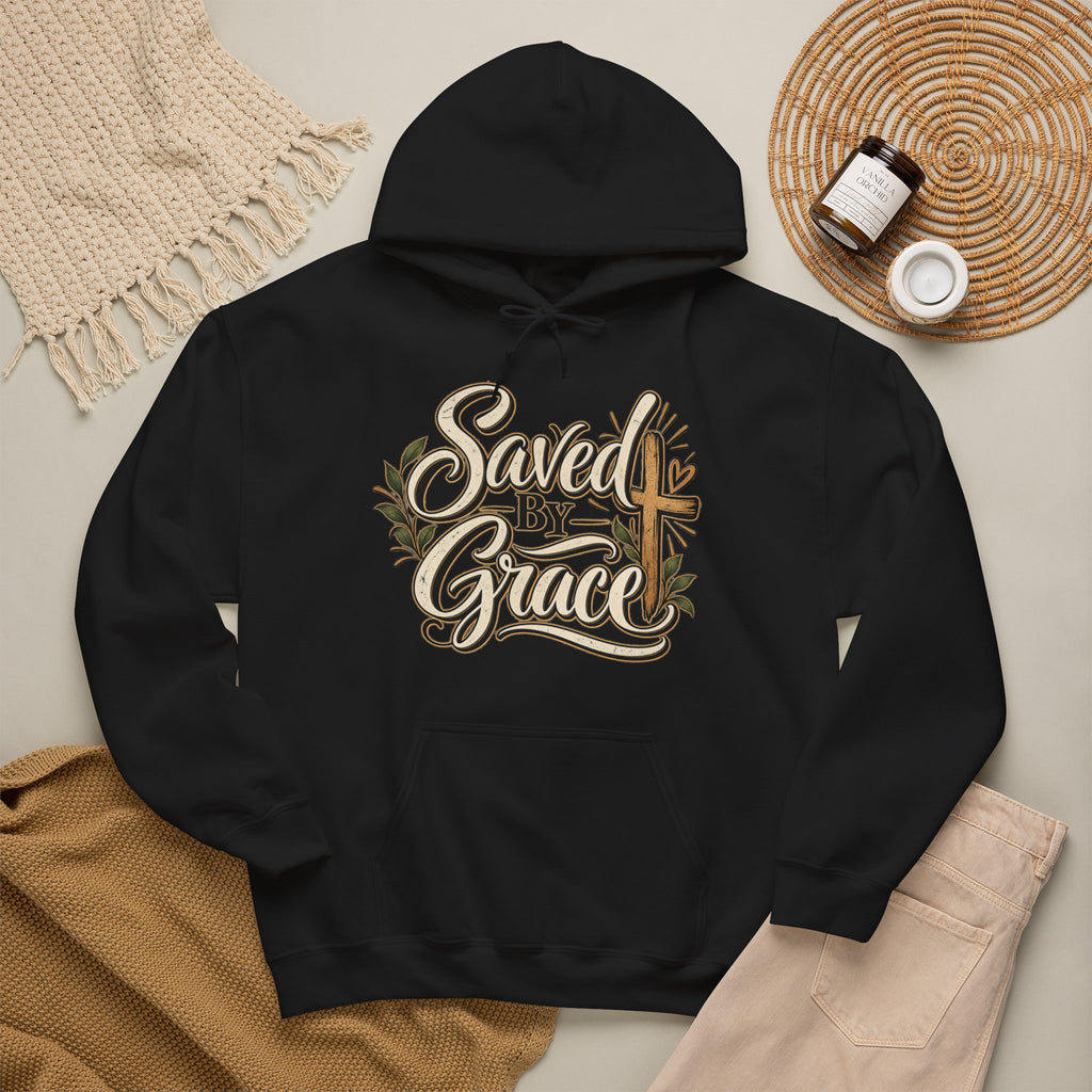 Saved by Grace Hoodie | Christian Cross Typography, Faith Apparel