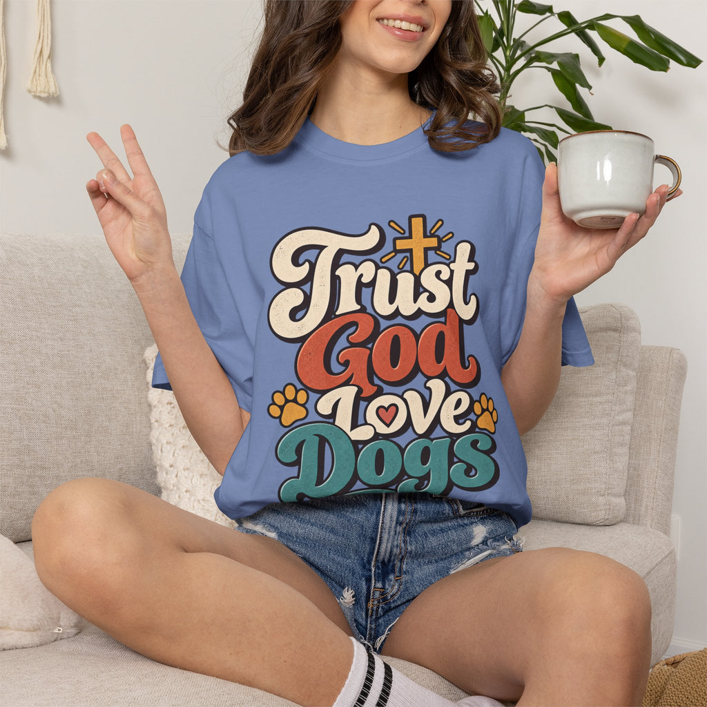 Trust God Love Dogs T-Shirt | Retro Paw Print Faith Tee